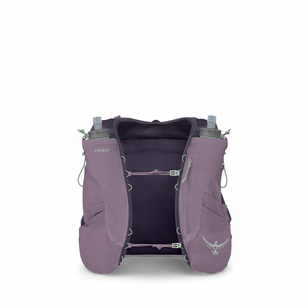 The image displays an Osprey running vest designed for hydration during physical activities. It is predominantly purple and features two front compartments, each holding a water bottle secured with a drawstring. The vest has several storage pockets and ad