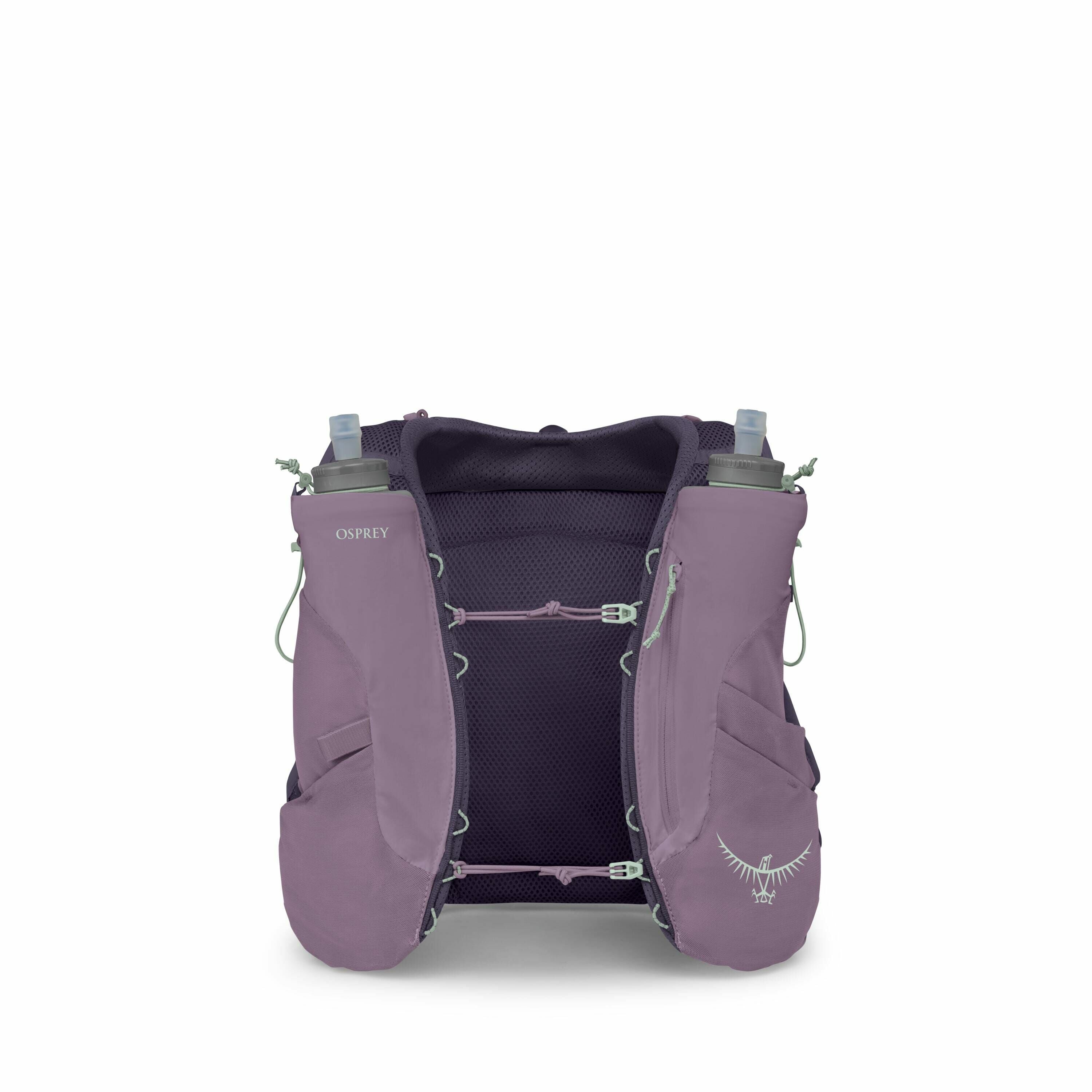 The image displays an Osprey running vest designed for hydration during physical activities. It is predominantly purple and features two front compartments, each holding a water bottle secured with a drawstring. The vest has several storage pockets and ad