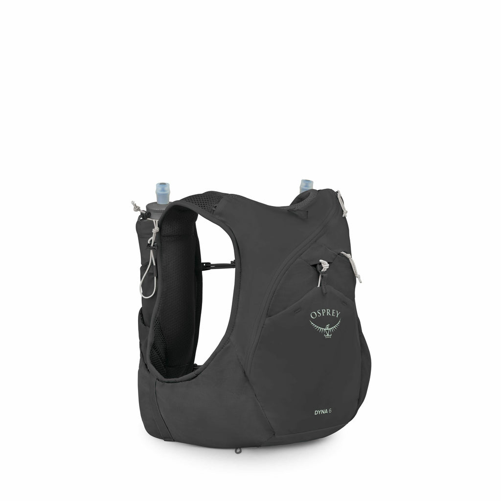The image depicts a black Osprey Dyna 6 running vest with multiple compartments and hydration flasks. The vest is designed to fit snugly against the body, providing storage for essentials during running or hiking activities. It features a breathable mesh