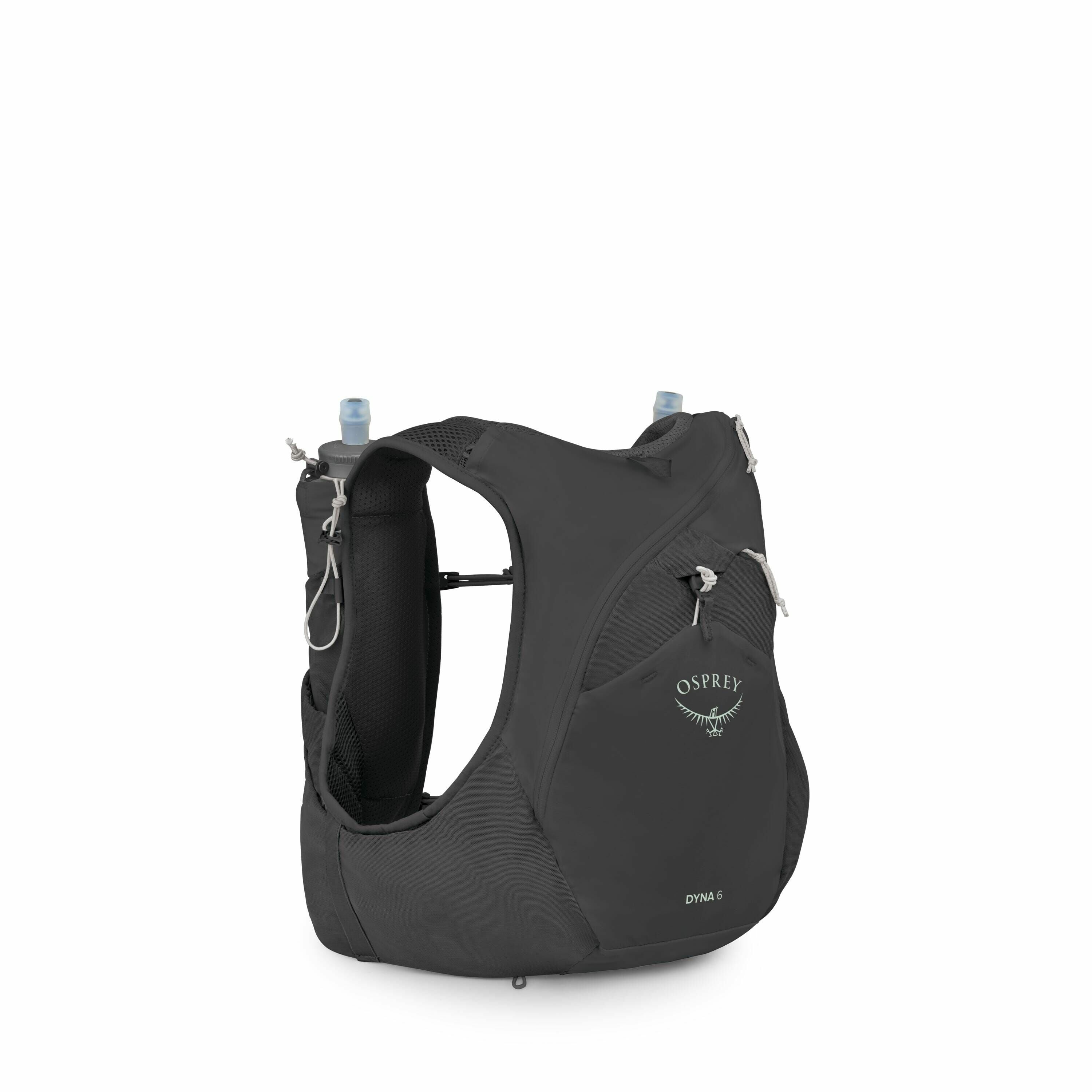 The image depicts a black Osprey Dyna 6 running vest with multiple compartments and hydration flasks. The vest is designed to fit snugly against the body, providing storage for essentials during running or hiking activities. It features a breathable mesh