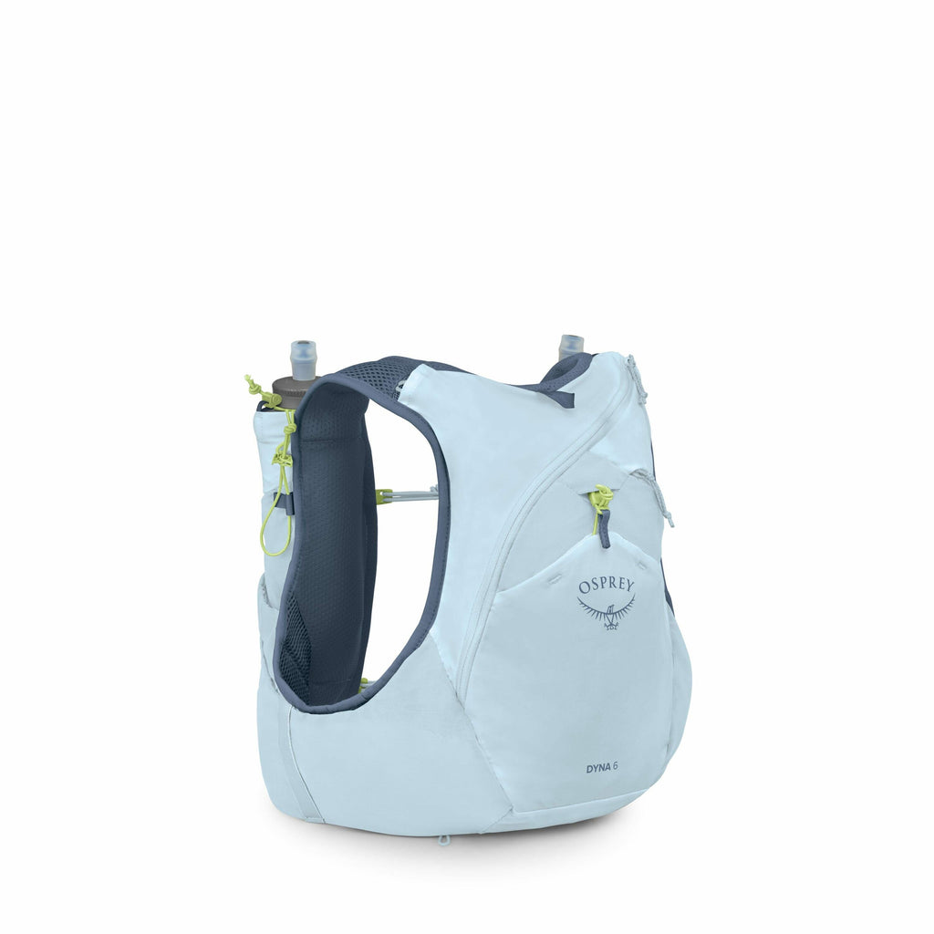 The image features an Osprey Dyna 6 running hydration vest in a light blue color with dark blue accents. It is designed for long-distance running or hiking, featuring two built-in soft water bottles on each side at the front for easy access while on the m