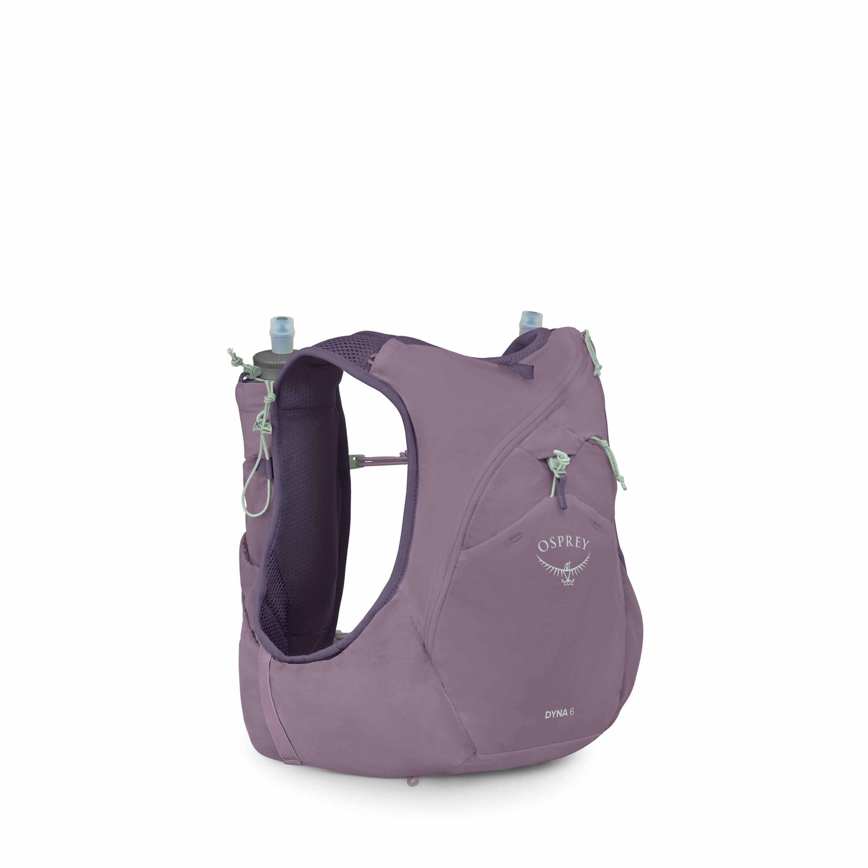 The image features a purple Osprey Dyna 6 running vest designed for outdoor activities and hydration. The vest has a streamlined and compact design with strategically placed pockets and compartments, making it ideal for carrying essentials during runs or