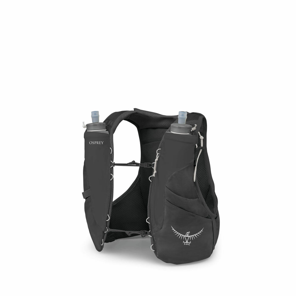 The image features an Osprey branded hydration vest designed for active outdoor activities such as running or hiking. It is primarily black with the Osprey logo visible on the front. The vest includes two front pockets each holding a soft water bottle wit