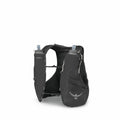 The image features an Osprey branded hydration vest designed for active outdoor activities such as running or hiking. It is primarily black with the Osprey logo visible on the front. The vest includes two front pockets each holding a soft water bottle wit
