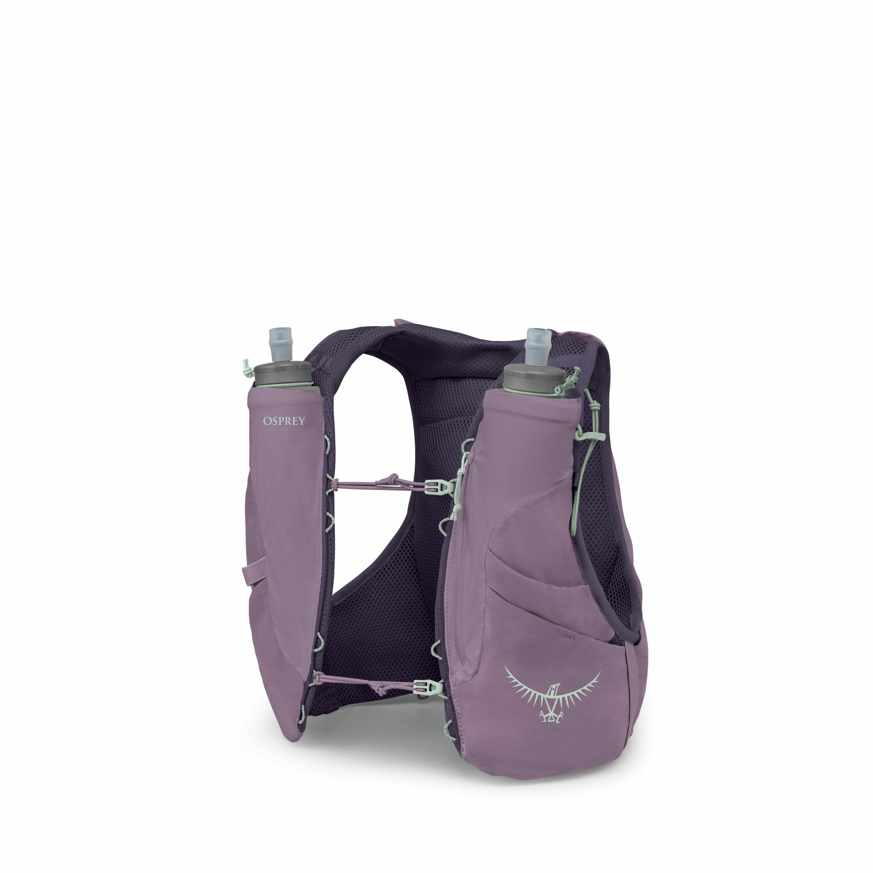 The image showcases a running vest by Osprey designed for hydration and storage. It is made from a soft, breathable fabric in a purple color, featuring two water bottles with lids positioned on the front chest area. The vest has multiple pockets for stori