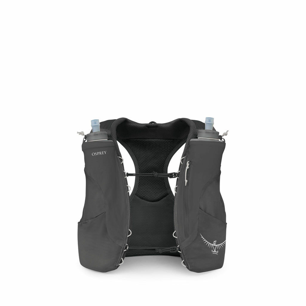 The image depicts an Osprey running hydration vest designed for carrying water and essential items during athletic activities. The vest is black and features two front pockets each containing a water bottle with a blue nozzle, and one pocket displaying th