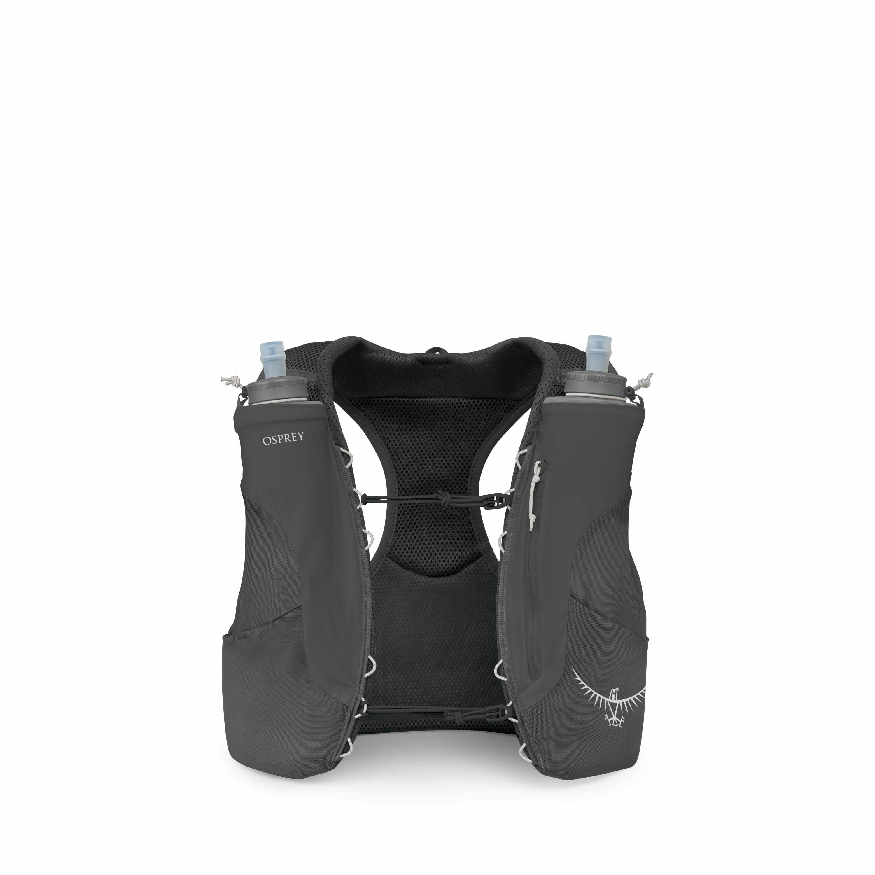 The image depicts an Osprey running hydration vest designed for carrying water and essential items during athletic activities. The vest is black and features two front pockets each containing a water bottle with a blue nozzle, and one pocket displaying th