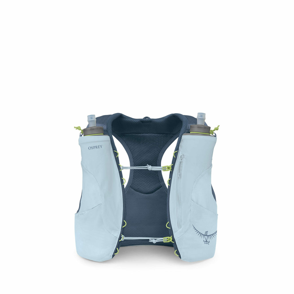 The image depicts an Osprey brand running hydration vest in a light blue color with navy and lime green accents. The vest features two front pockets, each containing a soft water bottle with a spout for easy drinking while on the go. There are adjustable