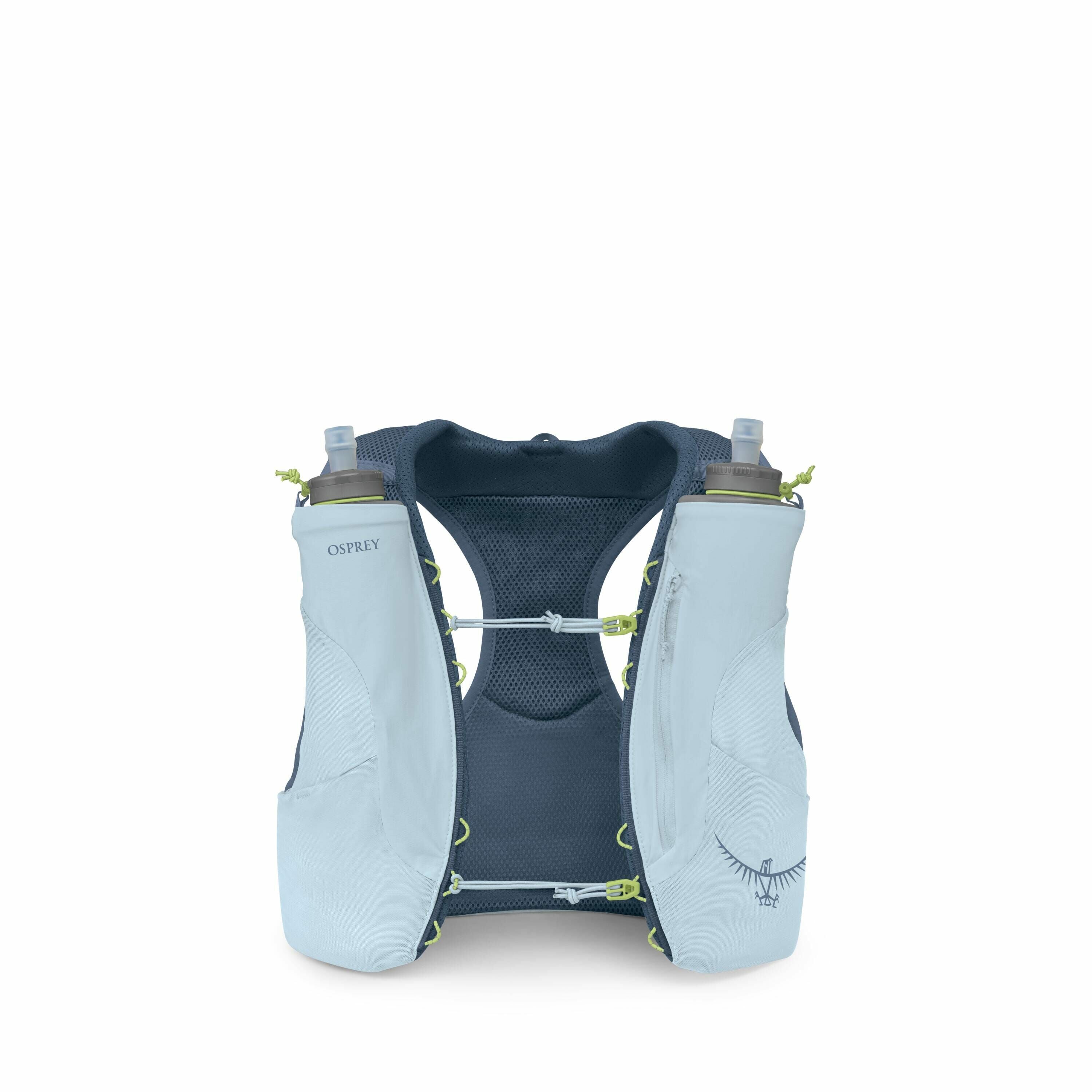 The image depicts an Osprey brand running hydration vest in a light blue color with navy and lime green accents. The vest features two front pockets, each containing a soft water bottle with a spout for easy drinking while on the go. There are adjustable