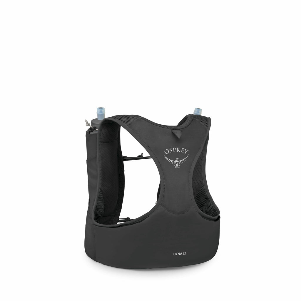 The image showcases an Osprey Dyna LT running vest, designed for outdoor activities like trail running. The vest is sleek and dark gray, featuring the Osprey logo prominently on the back. It is equipped with hydration pockets that contain two water bottle