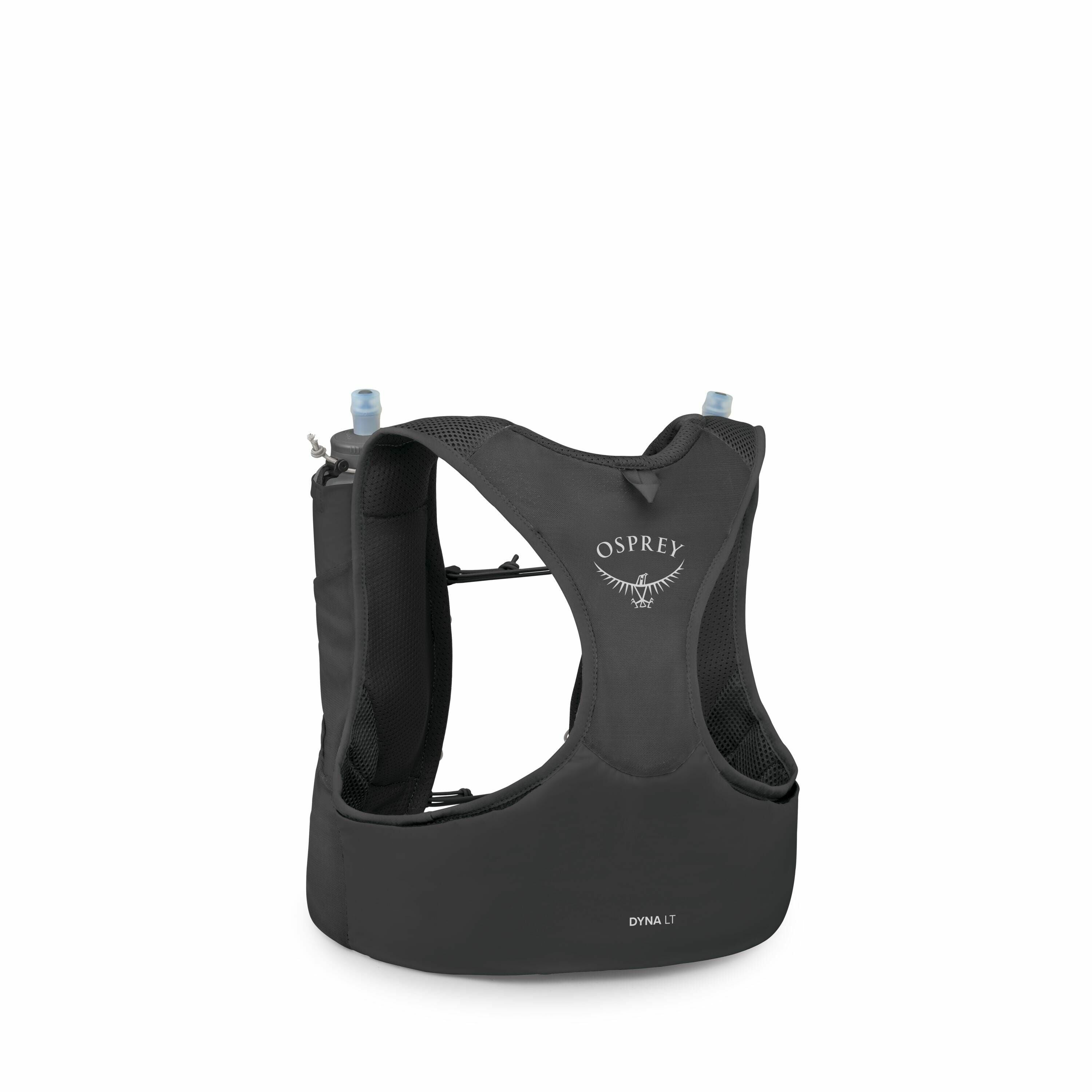 The image showcases an Osprey Dyna LT running vest, designed for outdoor activities like trail running. The vest is sleek and dark gray, featuring the Osprey logo prominently on the back. It is equipped with hydration pockets that contain two water bottle