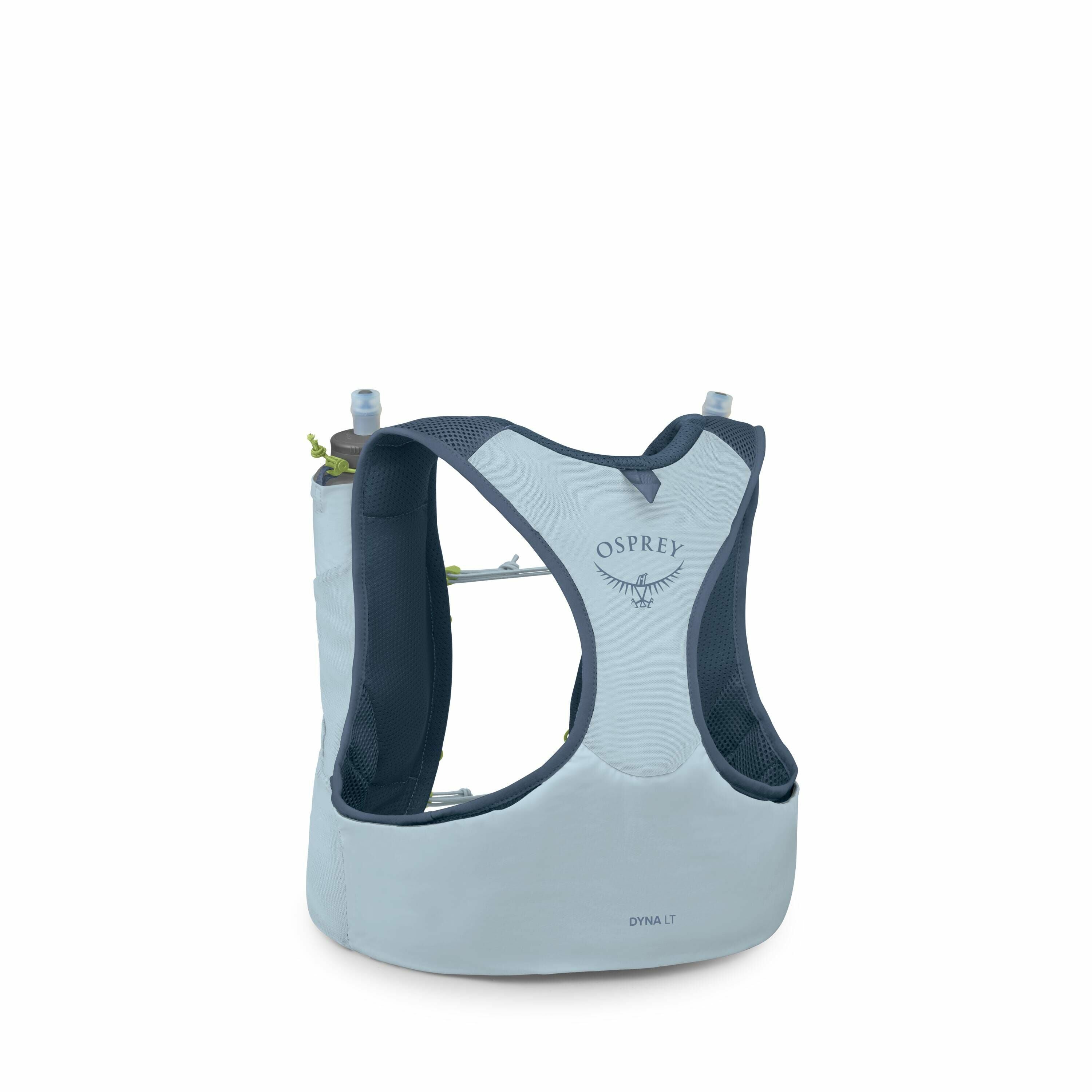 The image shows an Osprey Dyna LT running hydration vest, designed for carrying water bottles during athletic activities. The vest is primarily light blue with darker blue accents on the shoulder and side panels, providing a contrast that enhances its spo