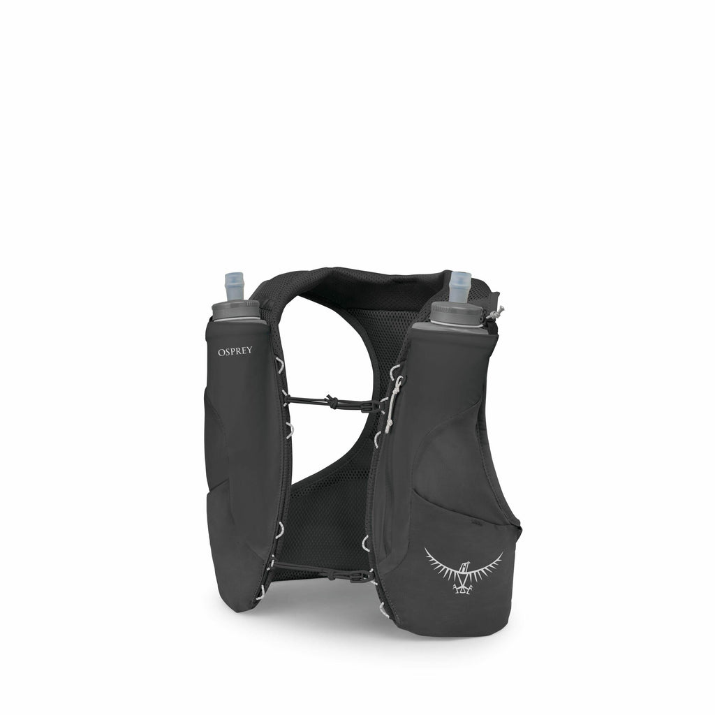 The images depict various stages of a disassembly or exploded view of an Osprey running vest. The first image shows the fully assembled black vest with two water bottles securely housed on the front and features the Osprey logo prominently on the pockets