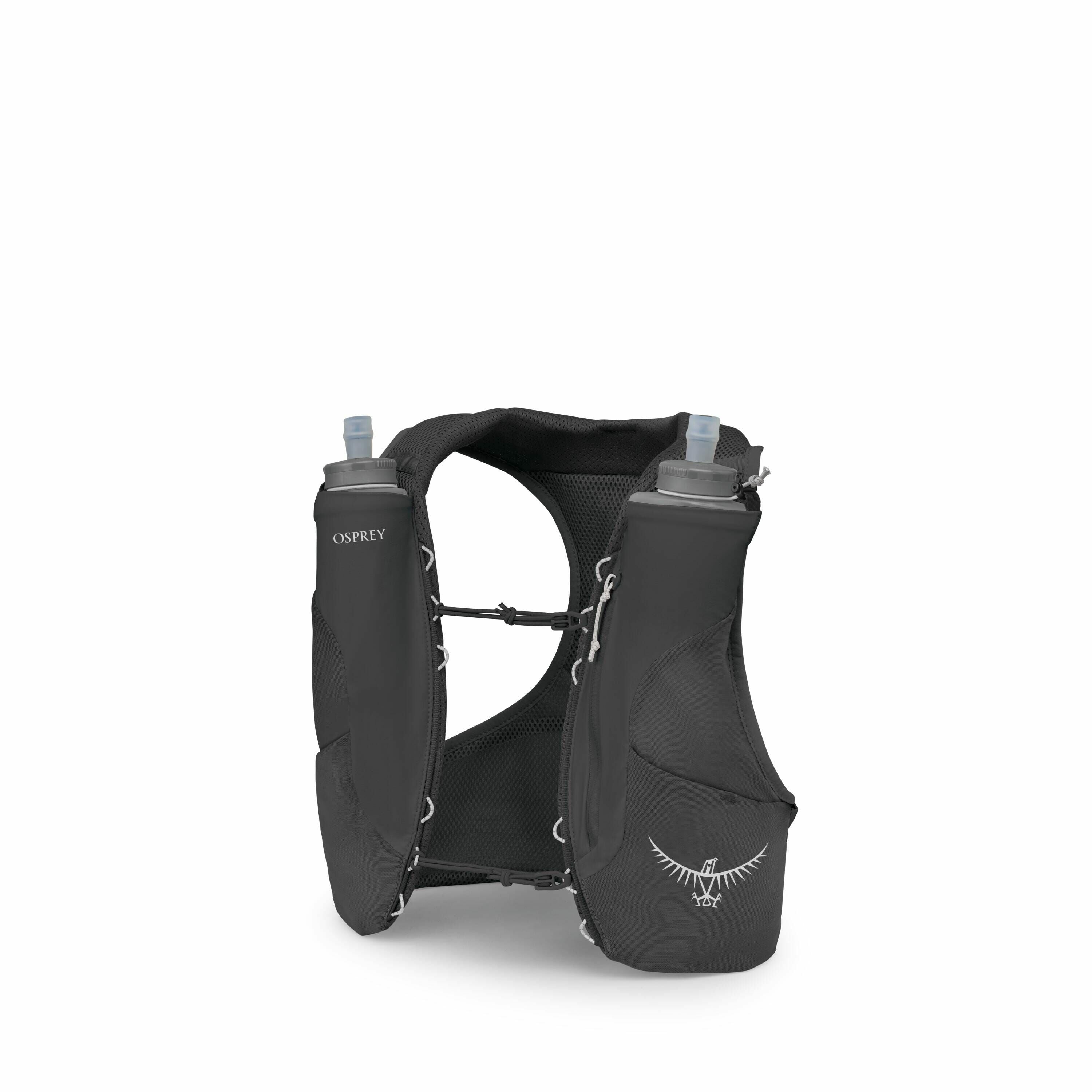 The images depict various stages of a disassembly or exploded view of an Osprey running vest. The first image shows the fully assembled black vest with two water bottles securely housed on the front and features the Osprey logo prominently on the pockets