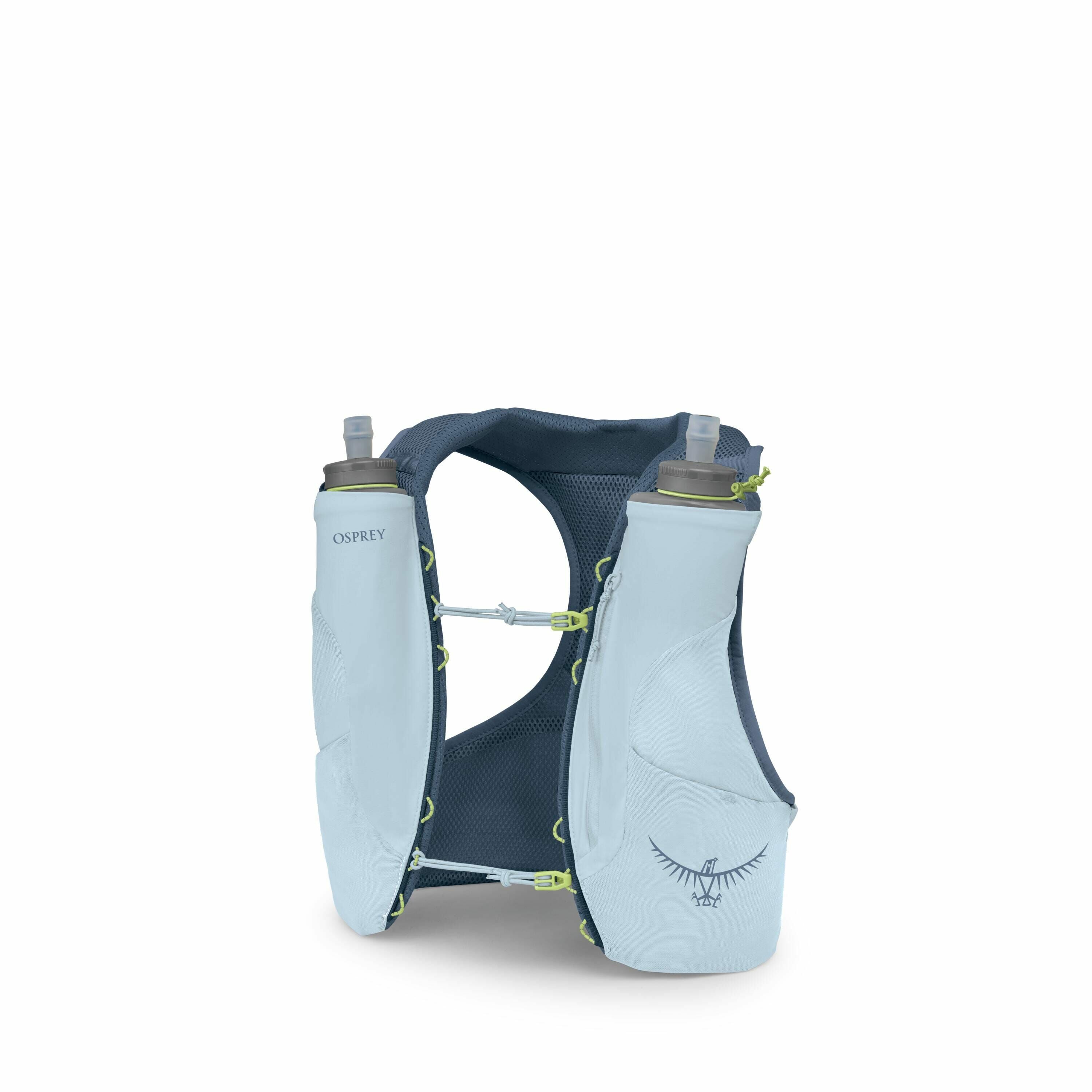 The images show a progressive breakdown of a light blue hydration vest by Osprey, commonly used for activities like running and hiking. In the first image, the vest is fully assembled, displaying two soft water bottles inserted in the front pockets, which