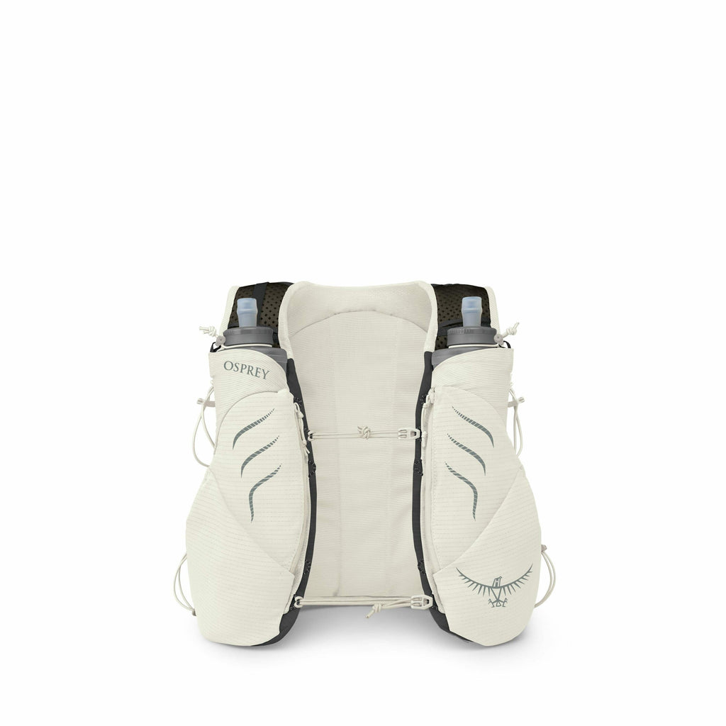 The image displays a light-colored backpack with two water bottles secured on the front. The backpack is designed by Osprey, with their logo visible on the left side, and features intricate lines and patterns in a darker shade for decoration. The central