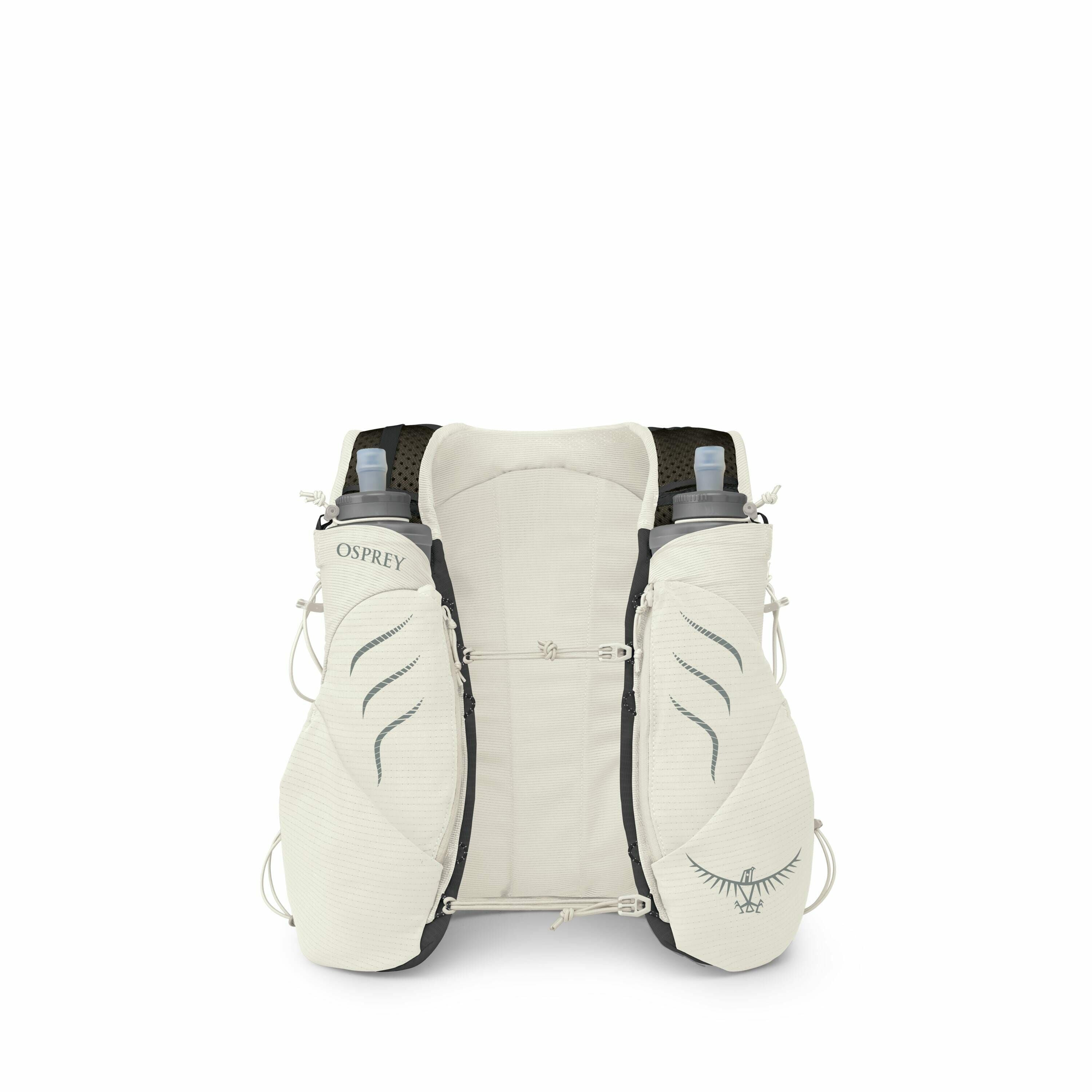 The image displays a light-colored backpack with two water bottles secured on the front. The backpack is designed by Osprey, with their logo visible on the left side, and features intricate lines and patterns in a darker shade for decoration. The central