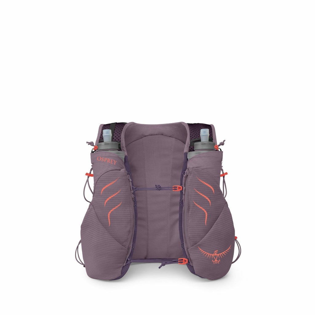 The image shows a purple hydration vest designed for outdoor activities, such as running or hiking. It features two front pockets that hold water bottles, which have drinking nozzles for easy access. The vest is adorned with the Osprey logo and includes s
