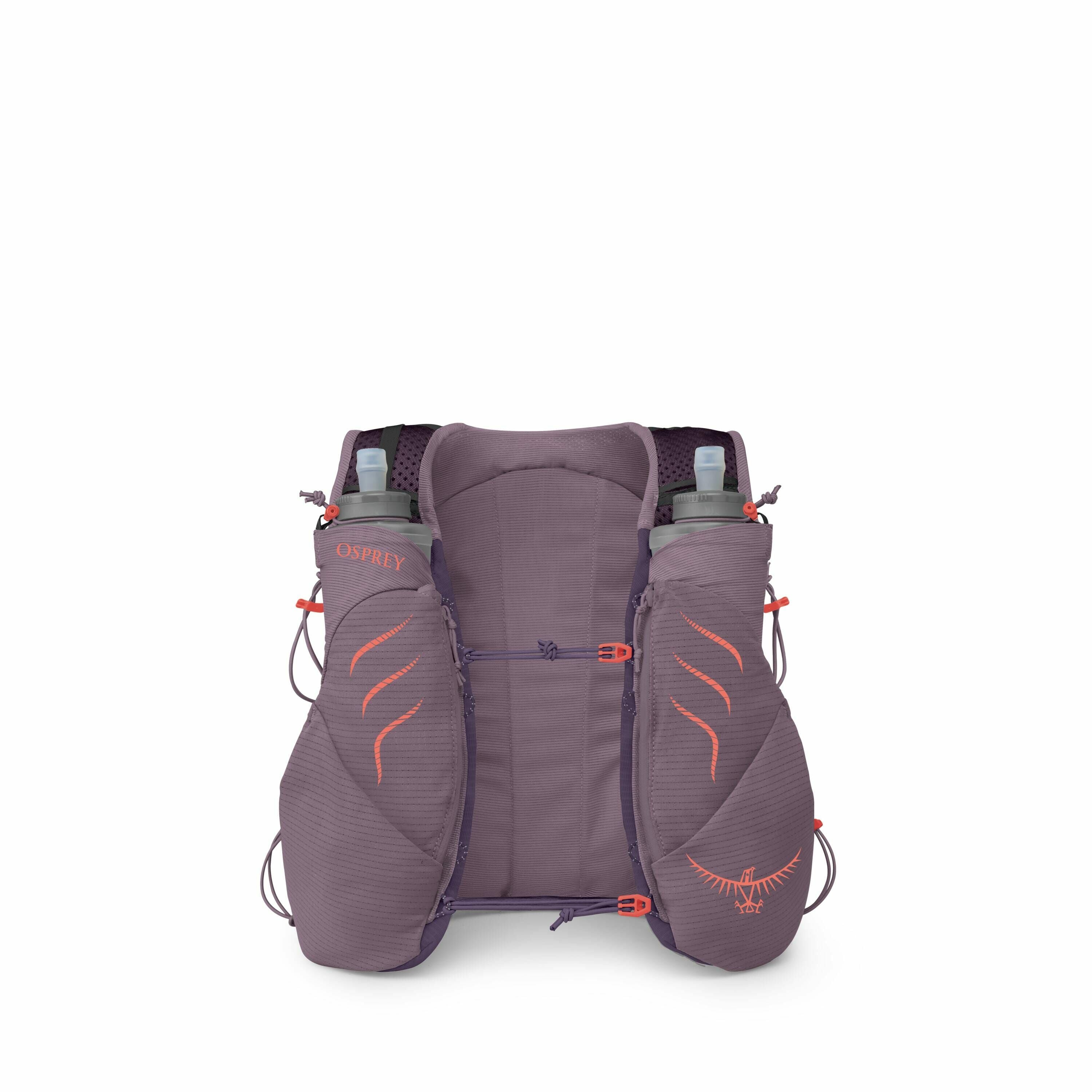 The image shows a purple hydration vest designed for outdoor activities, such as running or hiking. It features two front pockets that hold water bottles, which have drinking nozzles for easy access. The vest is adorned with the Osprey logo and includes s