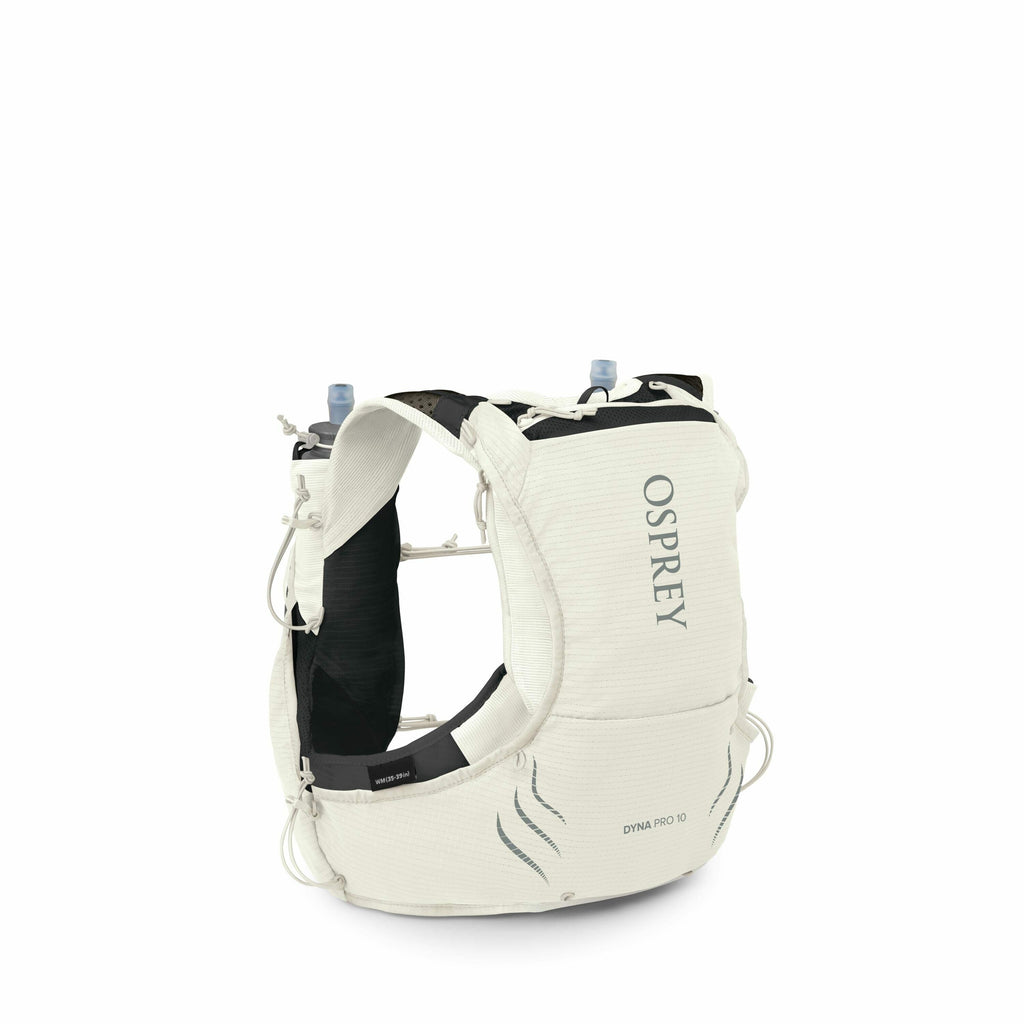 The image showcases a white and black Osprey Dyna Pro 10 running vest designed for hydration and storage during athletic activities. It features multiple compartments and straps for a snug fit, and prominently displays the Osprey logo on the front. The ve
