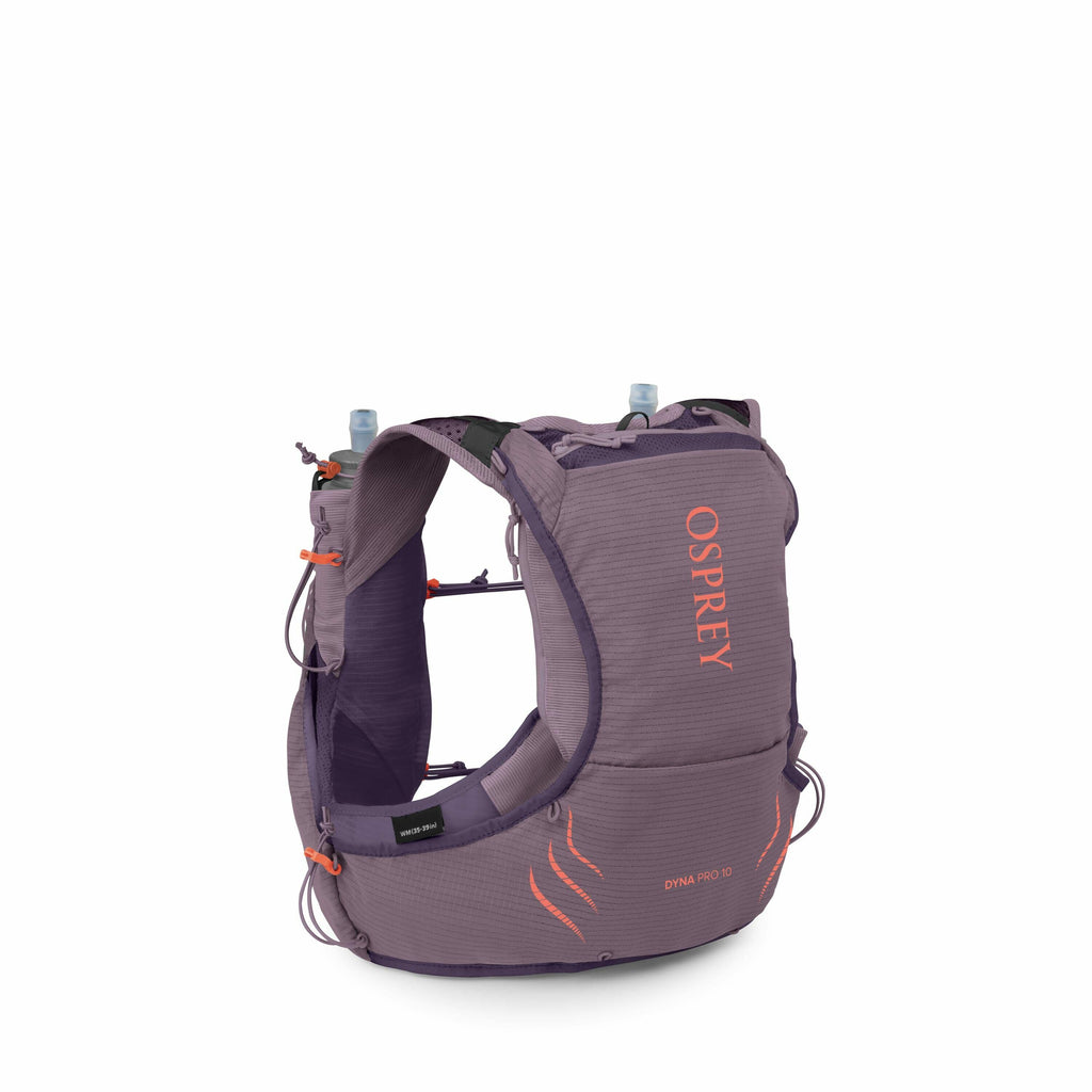 The image features a purple running vest from the brand Osprey, specifically the model "Dyna Pro 10." The vest has a sleek, form-fitting design with multiple pockets and hydration compartments, including two flexible blue water bottles positioned near the