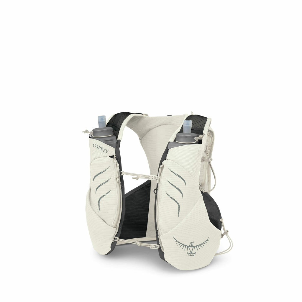 The image shows an Osprey running hydration vest designed for outdoor activities like running and hiking. It features a compact, white and black design with two visible water bottles on the front, providing easy access to hydration during physical activit
