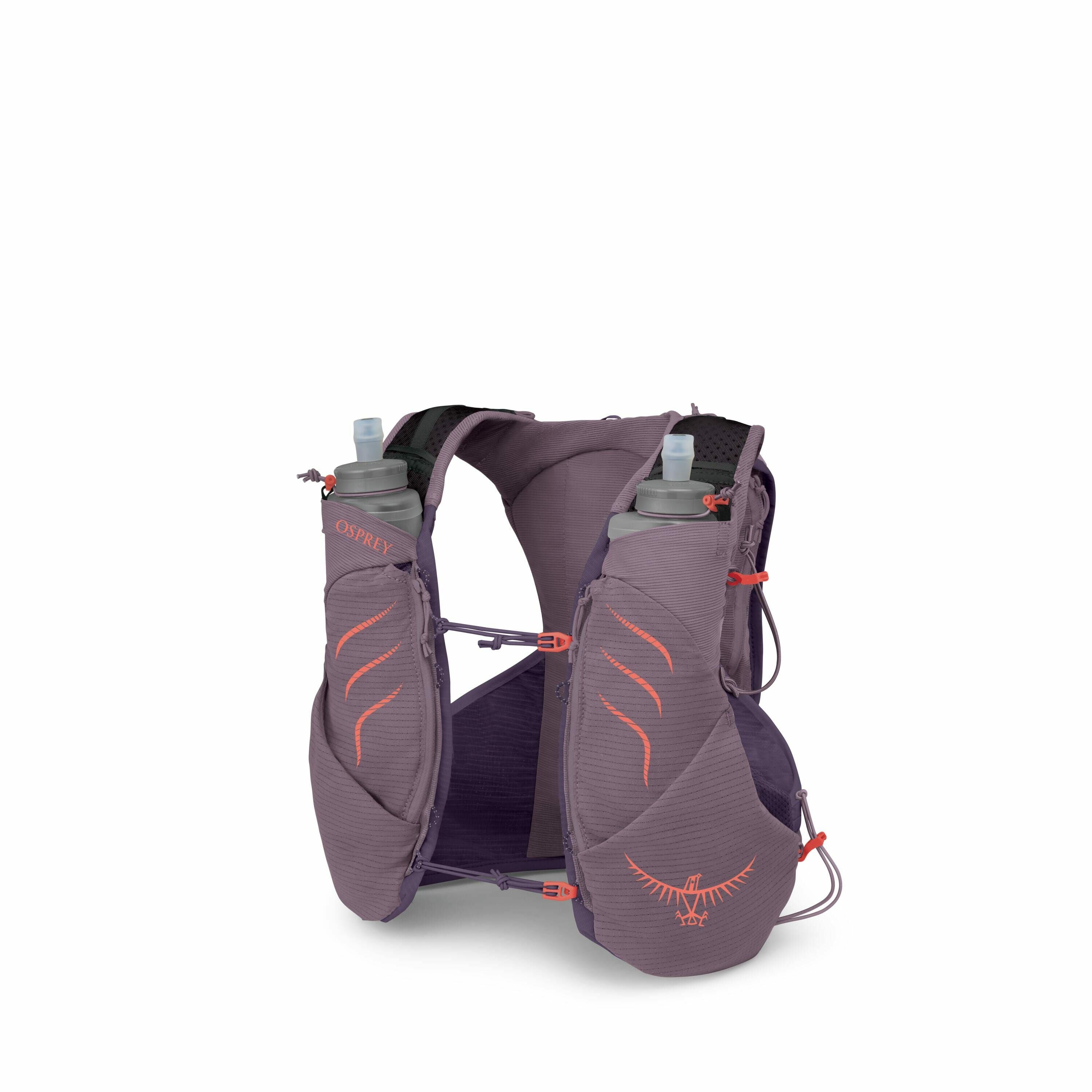 The image shows an Osprey branded running vest designed for hydration. It is a light purple color with coral accents and features two front pockets holding soft water bottles with spouts. The vest has adjustable straps and various compartments for carryin