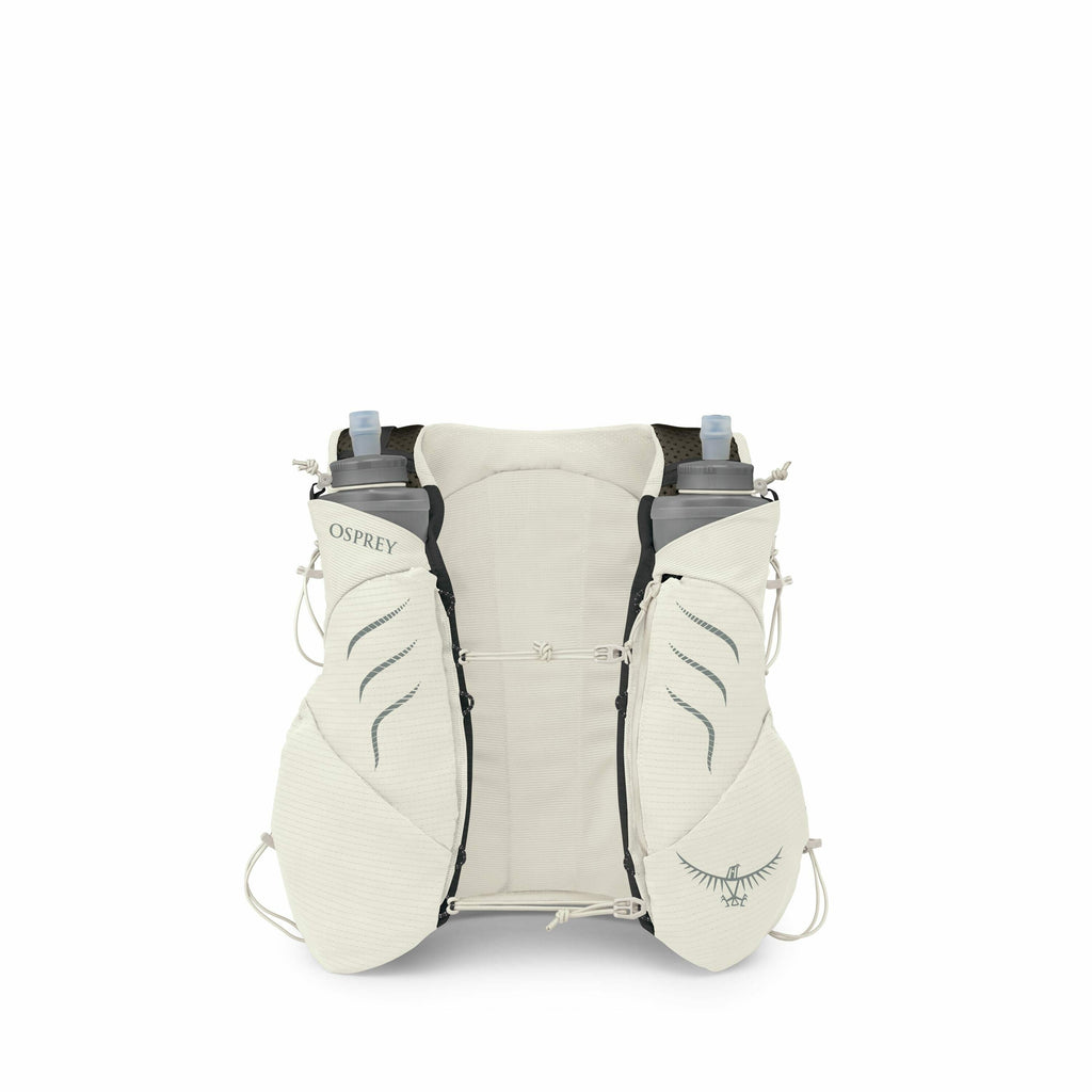 The image shows an Osprey backpack designed for running or hiking with a hydration system. It has a light, off-white color with two water bottles secured on each side. The front features the Osprey logo and has zippered pockets, and the material appears b