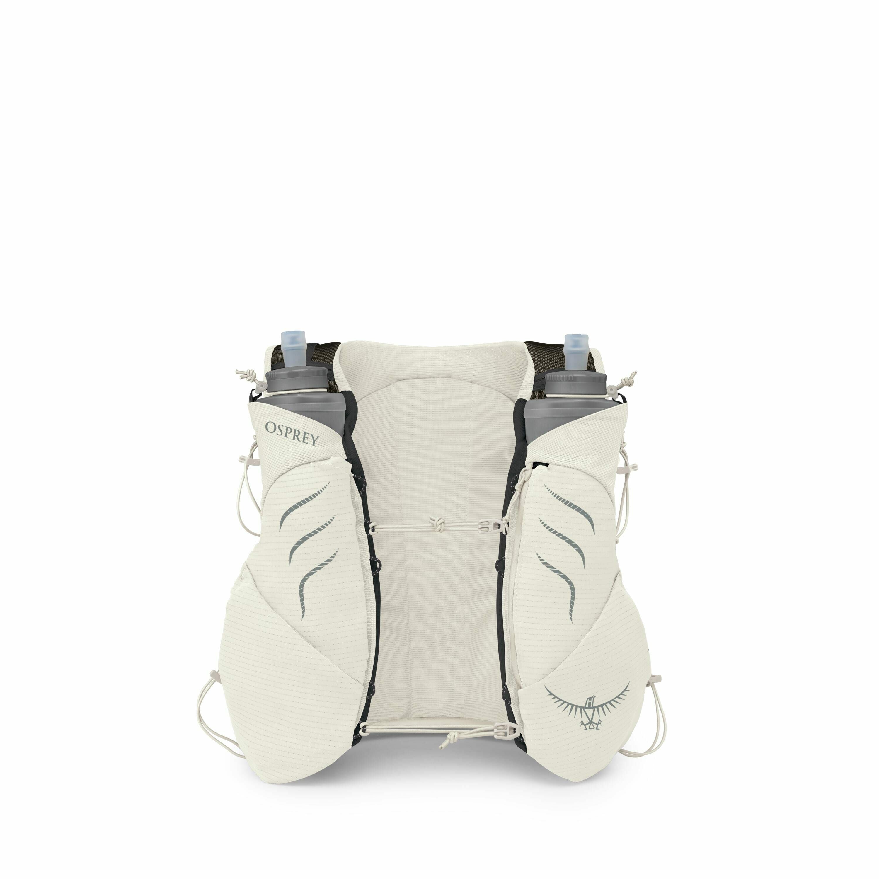 The image shows an Osprey backpack designed for running or hiking with a hydration system. It has a light, off-white color with two water bottles secured on each side. The front features the Osprey logo and has zippered pockets, and the material appears b