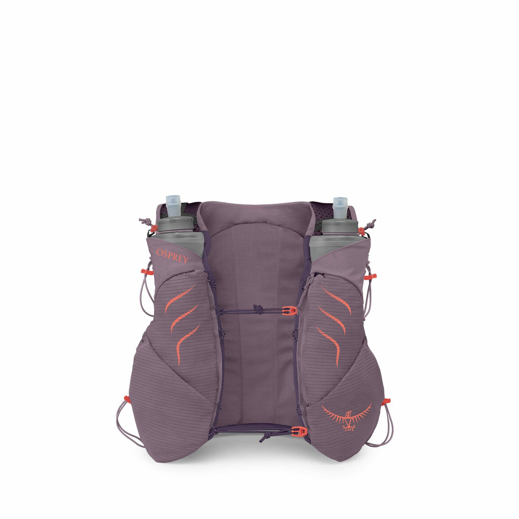 The image features an Osprey running hydration vest in a purple shade with orange accents. The vest includes two water bottles securely fitted in pockets on the front straps, suggesting its purpose for hydration during activities like running or hiking. T