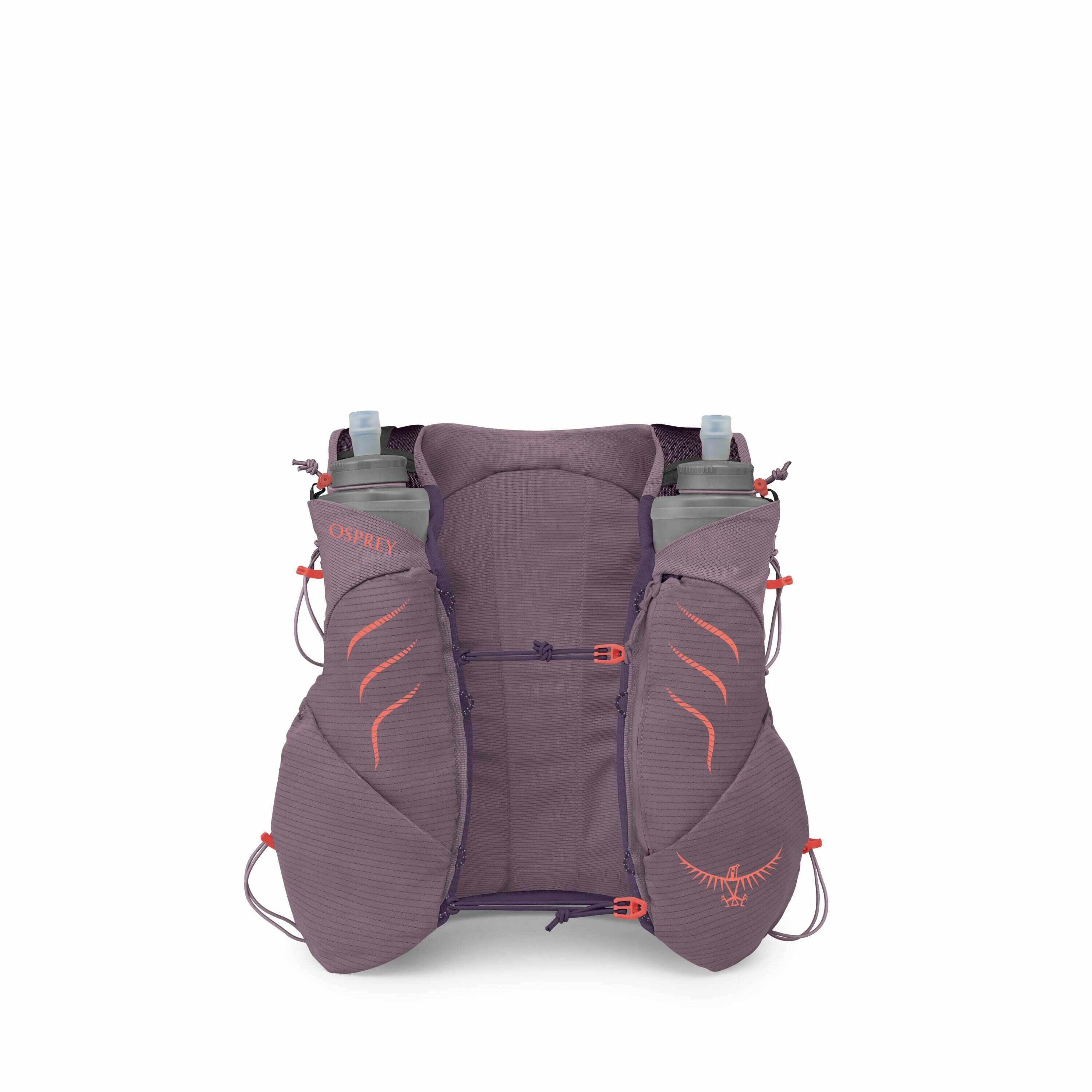 The image features an Osprey running hydration vest in a purple shade with orange accents. The vest includes two water bottles securely fitted in pockets on the front straps, suggesting its purpose for hydration during activities like running or hiking. T