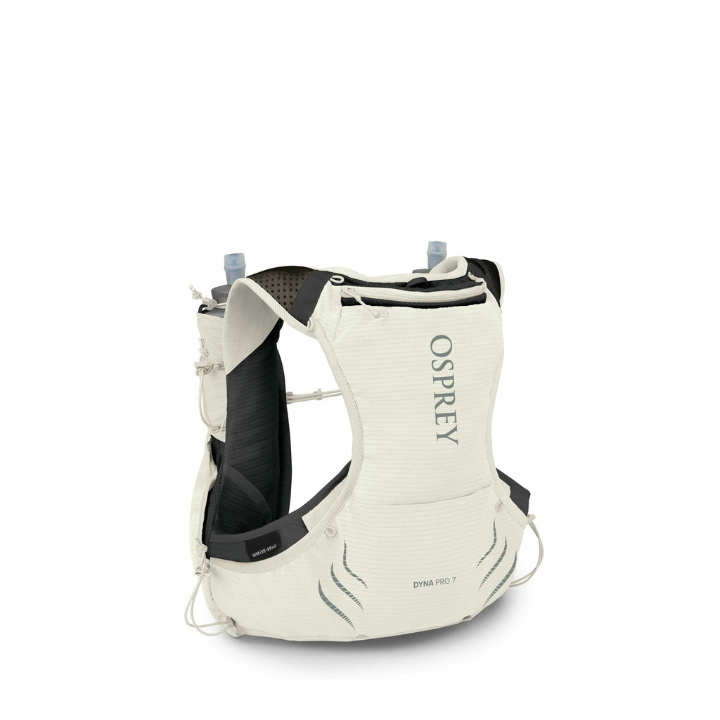 The image showcases an Osprey Dyna Pro 7 hydration vest designed for outdoor and athletic activities. This lightweight vest is primarily white with black accents and is equipped with two soft flasks located at the front straps for easy access to hydration