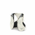 The image features a running hydration vest designed for endurance sports, prominently branded by Osprey. The vest is white with black and grey accents and has two front compartments, each containing a grey water bottle with blue caps. The vest is equippe