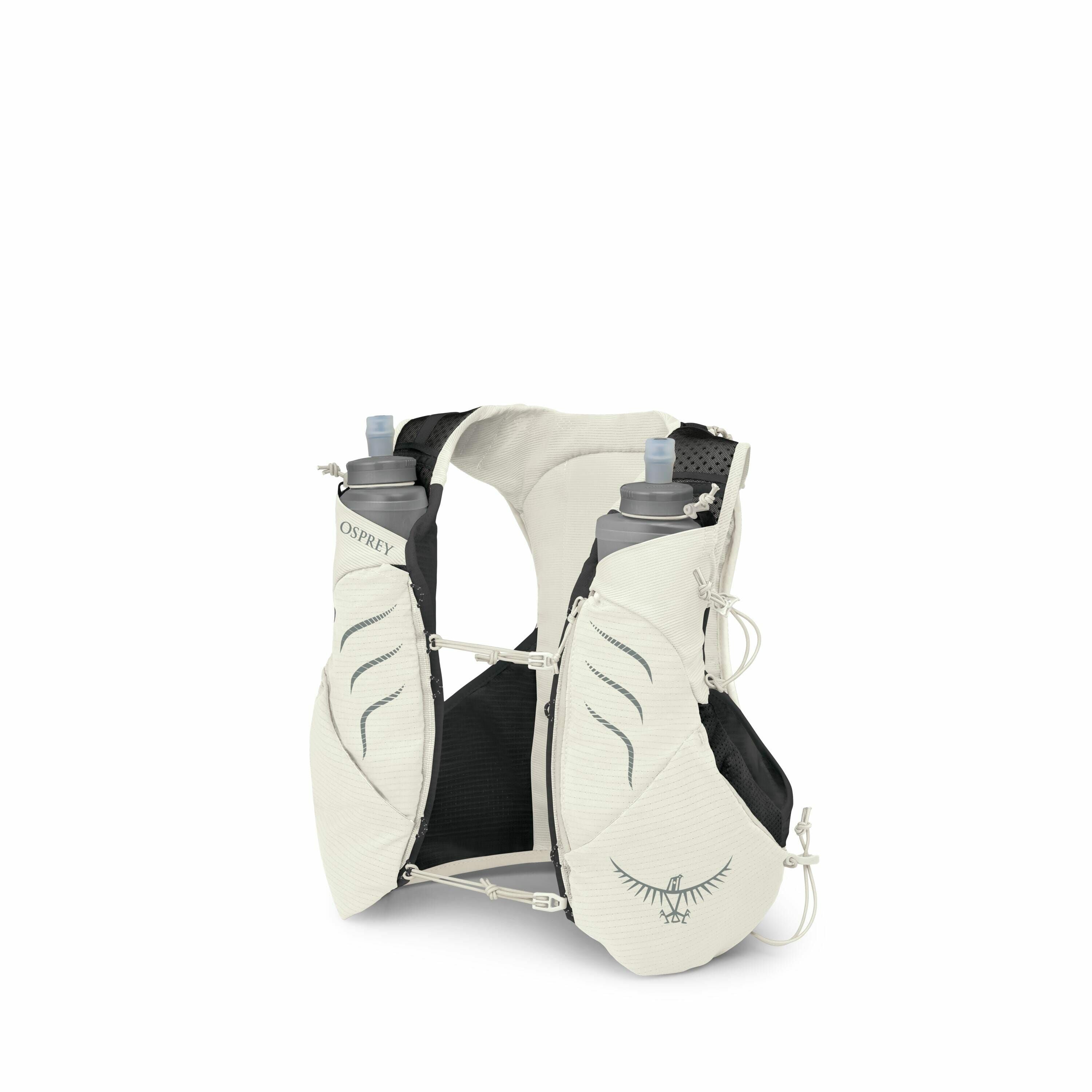 The image features a running hydration vest designed for endurance sports, prominently branded by Osprey. The vest is white with black and grey accents and has two front compartments, each containing a grey water bottle with blue caps. The vest is equippe
