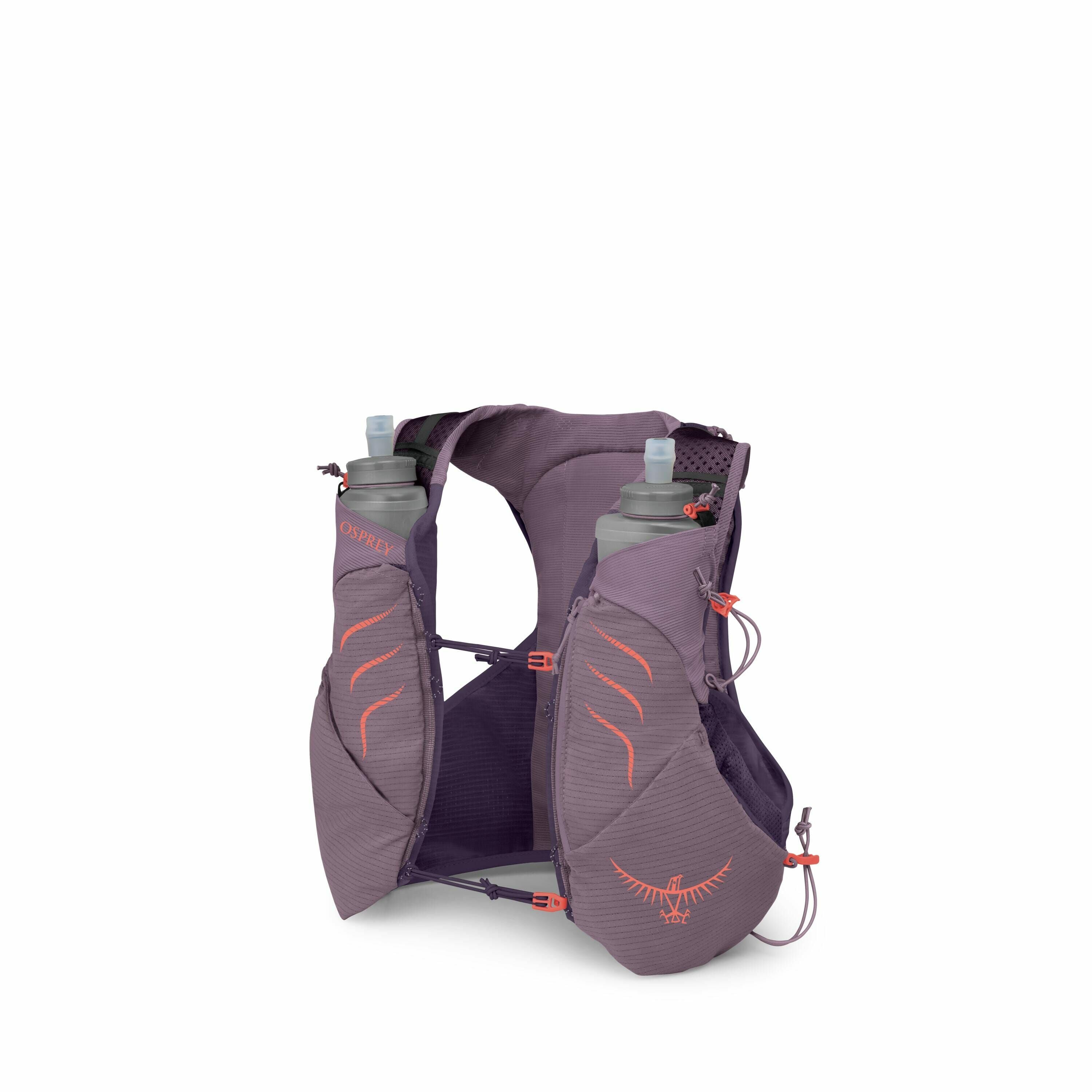 The image shows a purple Osprey hydration vest designed for running or hiking. It features two front pockets, each holding a collapsible water bottle with a drinking nozzle. The vest has several pockets and compartments, likely for storing small items or