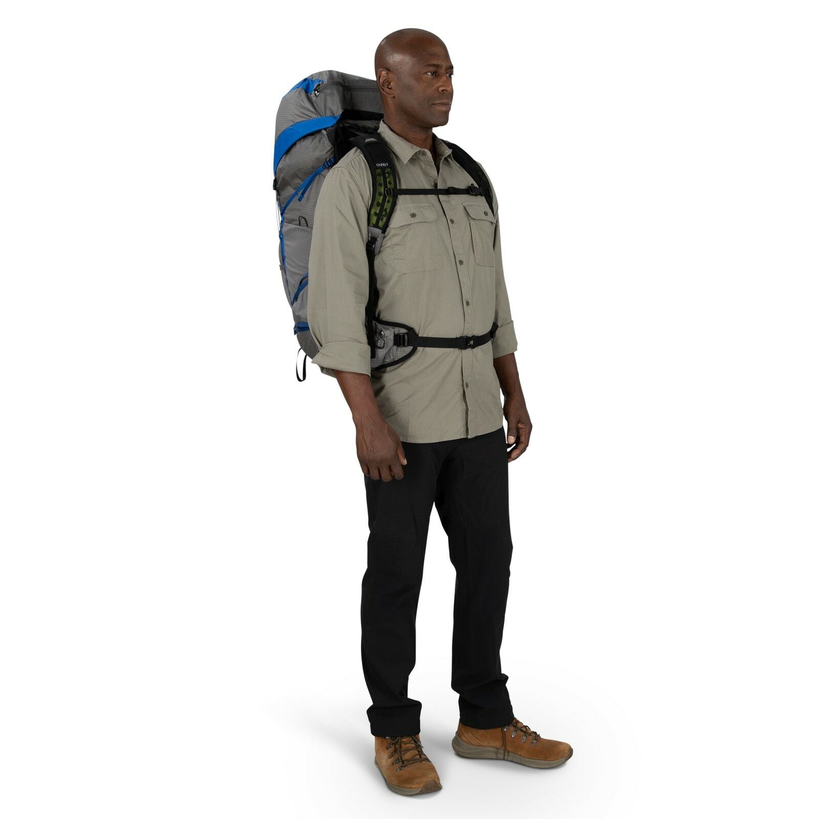 a person modeling the Exos Pro 55 in color dalegreyagamblue
