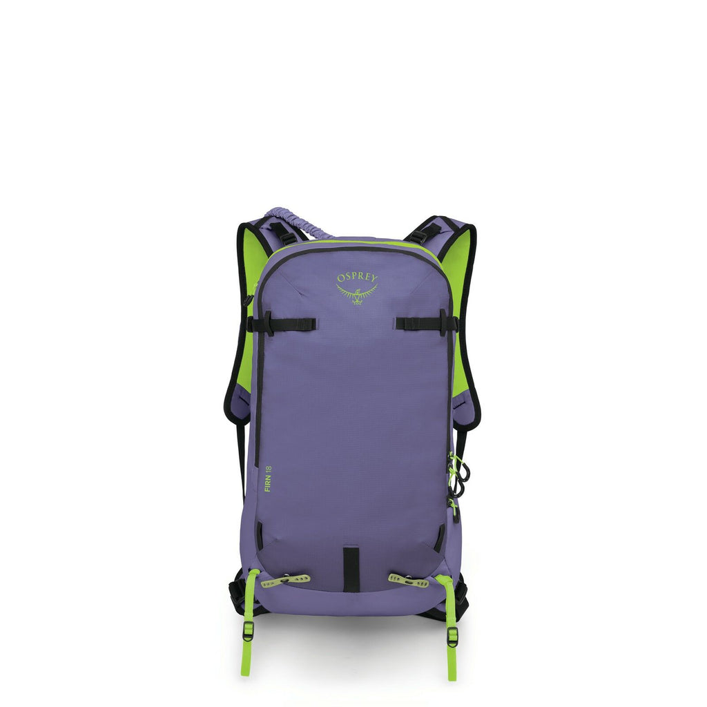 The image displays a purple Osprey backpack with green accents. The backpack features a sleek design with visible zippers, straps, and buckles, offering functionality for outdoor or travel use. The brand name "Osprey" is prominently displayed near the top