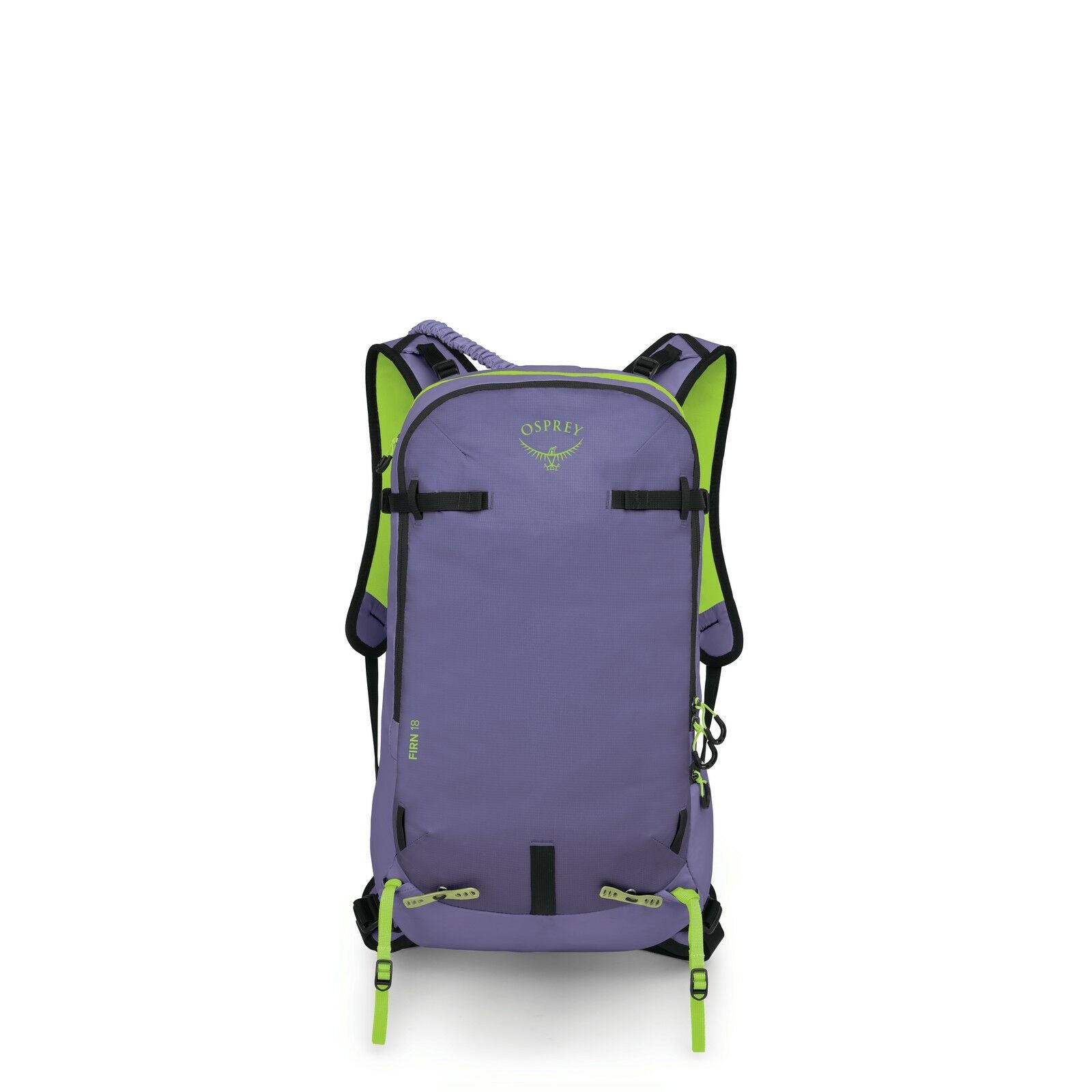 The image displays a purple Osprey backpack with green accents. The backpack features a sleek design with visible zippers, straps, and buckles, offering functionality for outdoor or travel use. The brand name "Osprey" is prominently displayed near the top