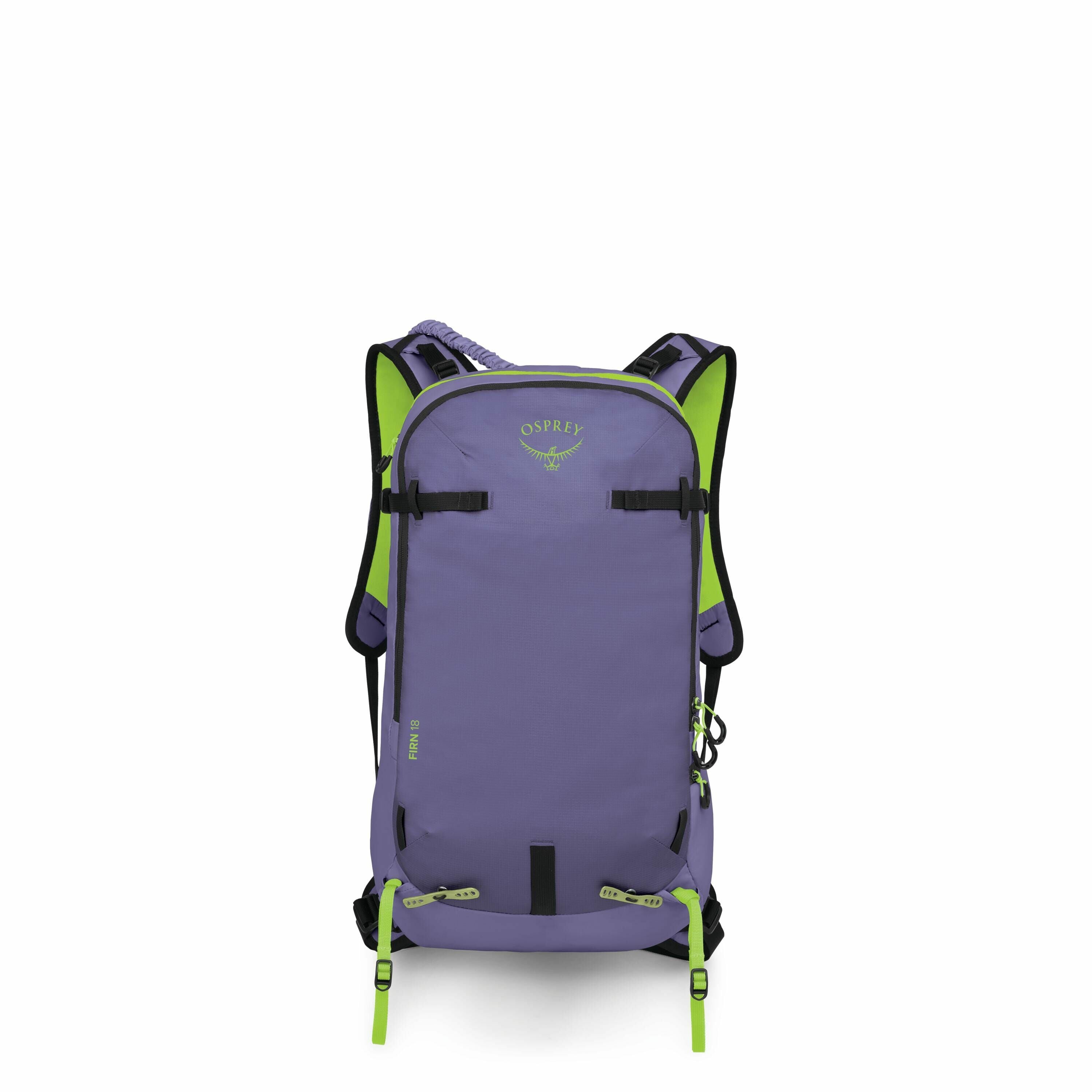The image displays a purple Osprey backpack with green accents. The backpack features a sleek design with visible zippers, straps, and buckles, offering functionality for outdoor or travel use. The brand name "Osprey" is prominently displayed near the top