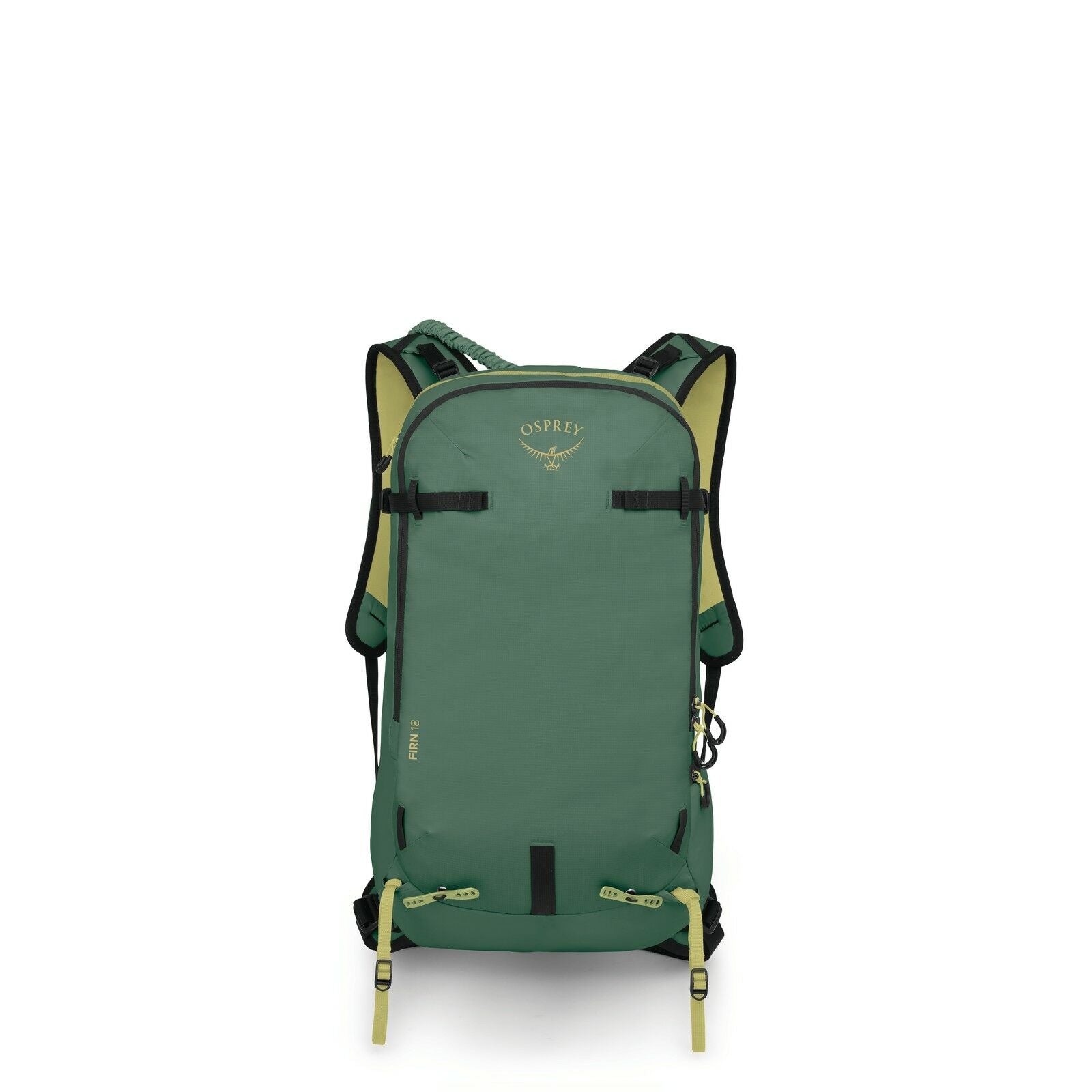 The image shows a green Osprey backpack, likely designed for hiking or outdoor activities. It features a sleek, streamlined design with minimal external pockets and visible branding near the top. The backpack appears to have a sturdy, weather-resistant fa