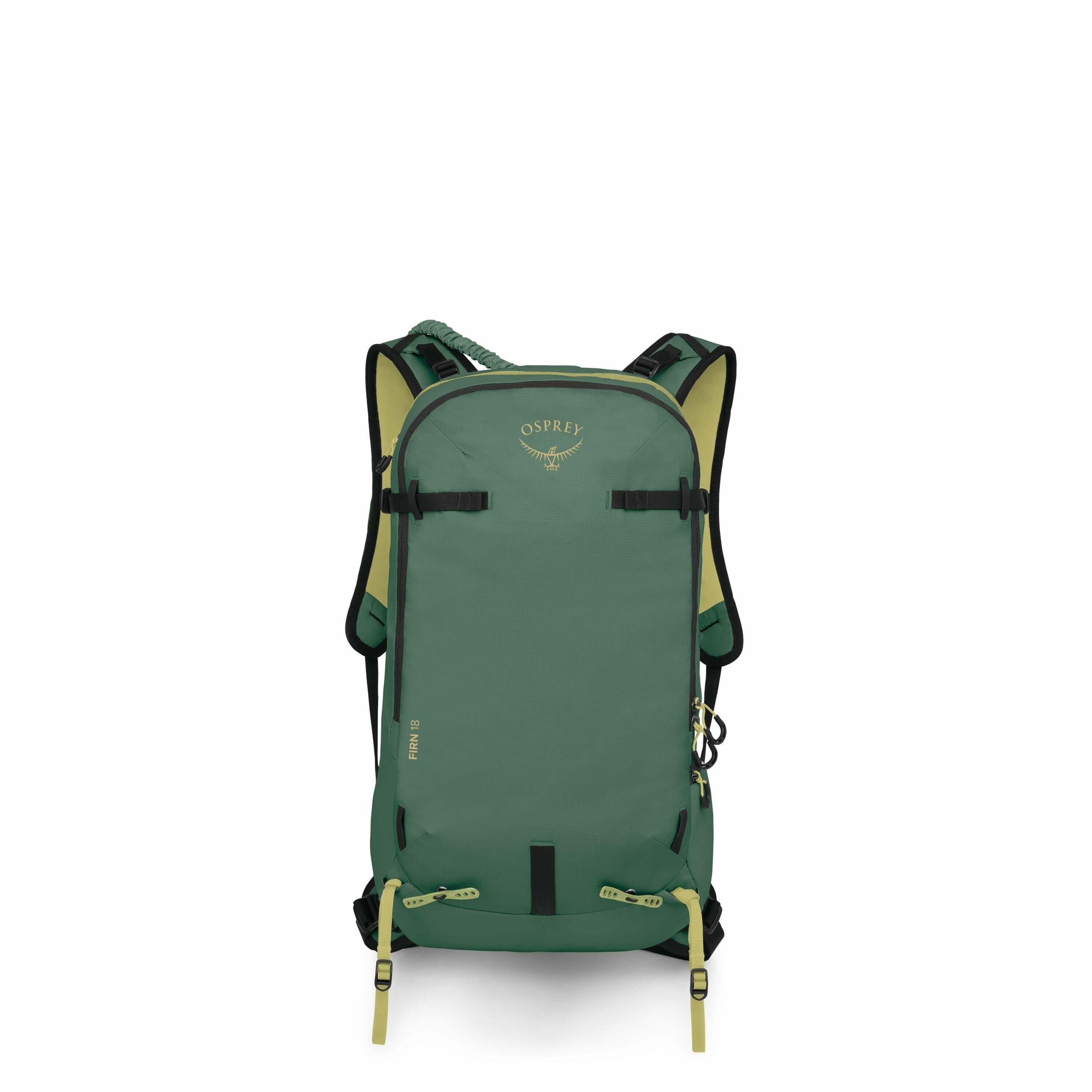 The image shows a green Osprey backpack, likely designed for hiking or outdoor activities. It features a sleek, streamlined design with minimal external pockets and visible branding near the top. The backpack appears to have a sturdy, weather-resistant fa