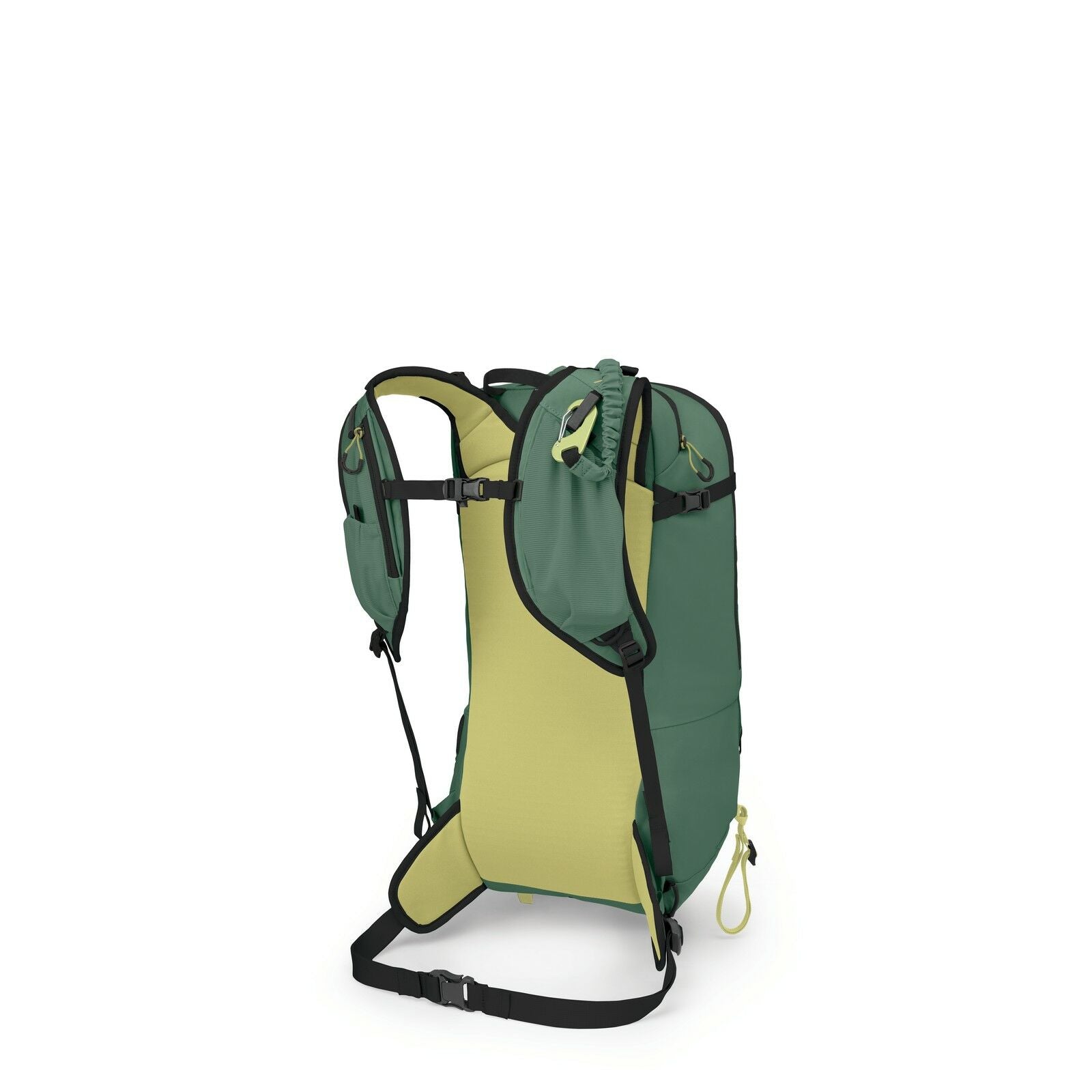 The image showcases a backpack designed for outdoor activities or hiking. The backpack has a dual-tone color scheme, primarily in shades of green and beige. It features a sleek and ergonomic design with padded shoulder straps for comfort and support, alon