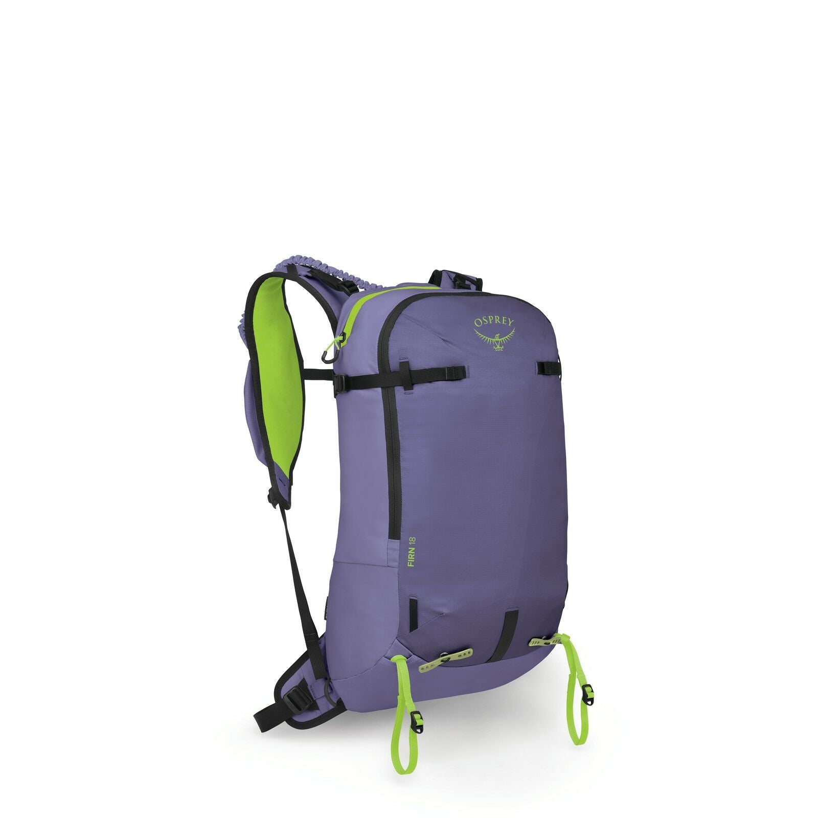The image series showcases a vibrant purple Osprey backpack with lime green accents. The backpack features a sleek, streamlined design, suitable for day hikes or city use. It has a main compartment accessible via zippers and an additional smaller pocket o