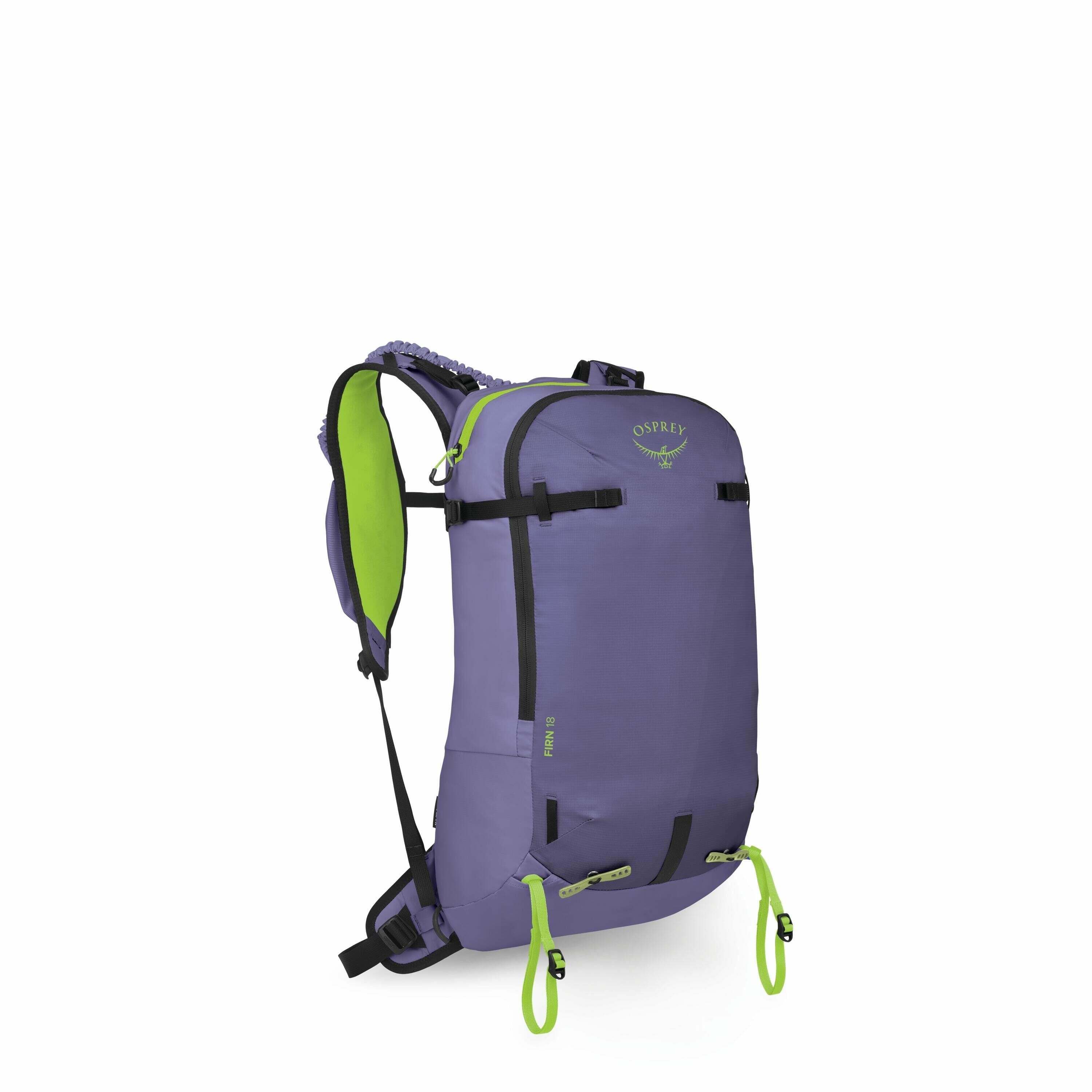 The image series showcases a vibrant purple Osprey backpack with lime green accents. The backpack features a sleek, streamlined design, suitable for day hikes or city use. It has a main compartment accessible via zippers and an additional smaller pocket o