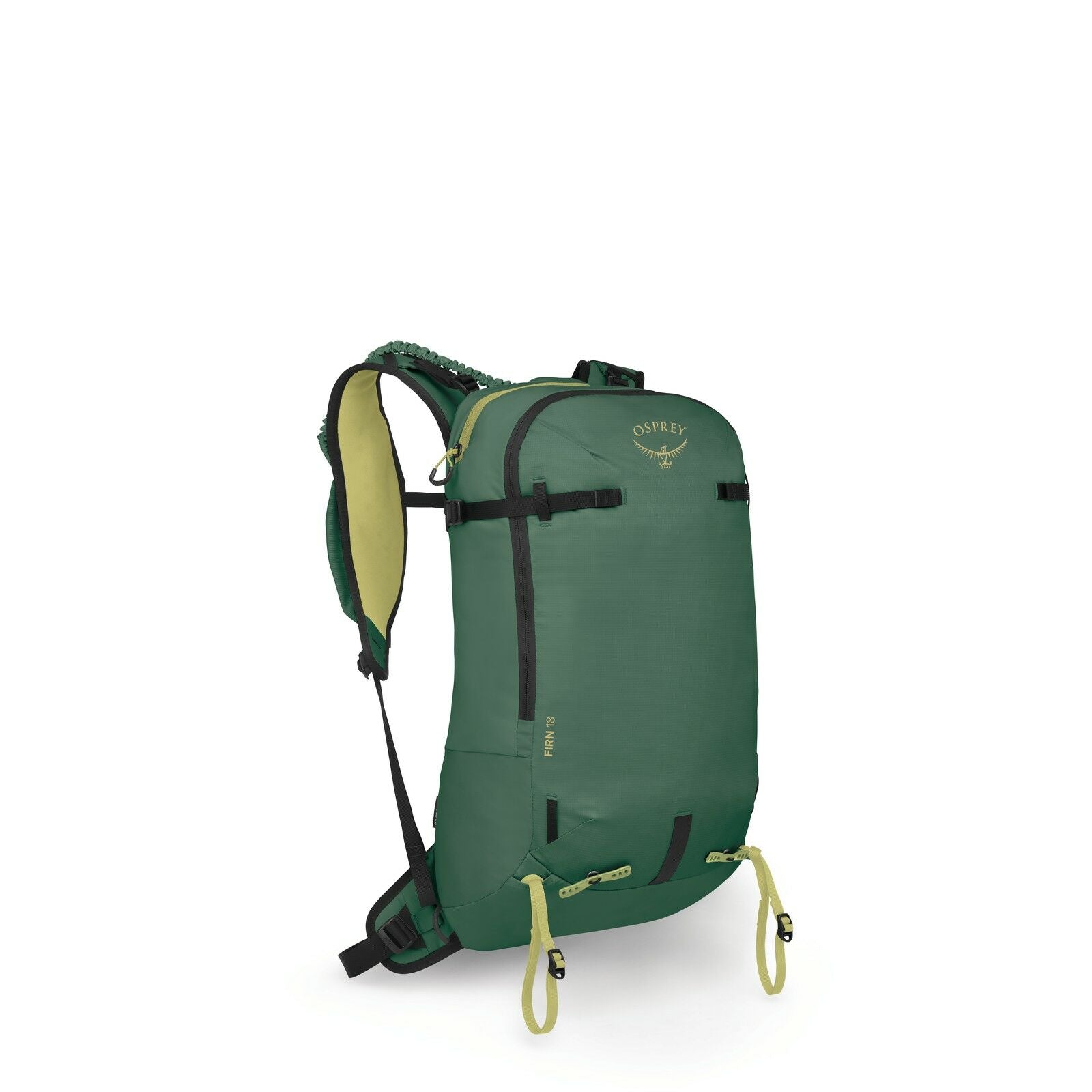The image features an Osprey backpack, specifically designed for hiking and outdoor activities. It is primarily green with accents in a lighter shade of green or yellowish color, particularly on the straps and zipper pulls. The backpack has a streamlined