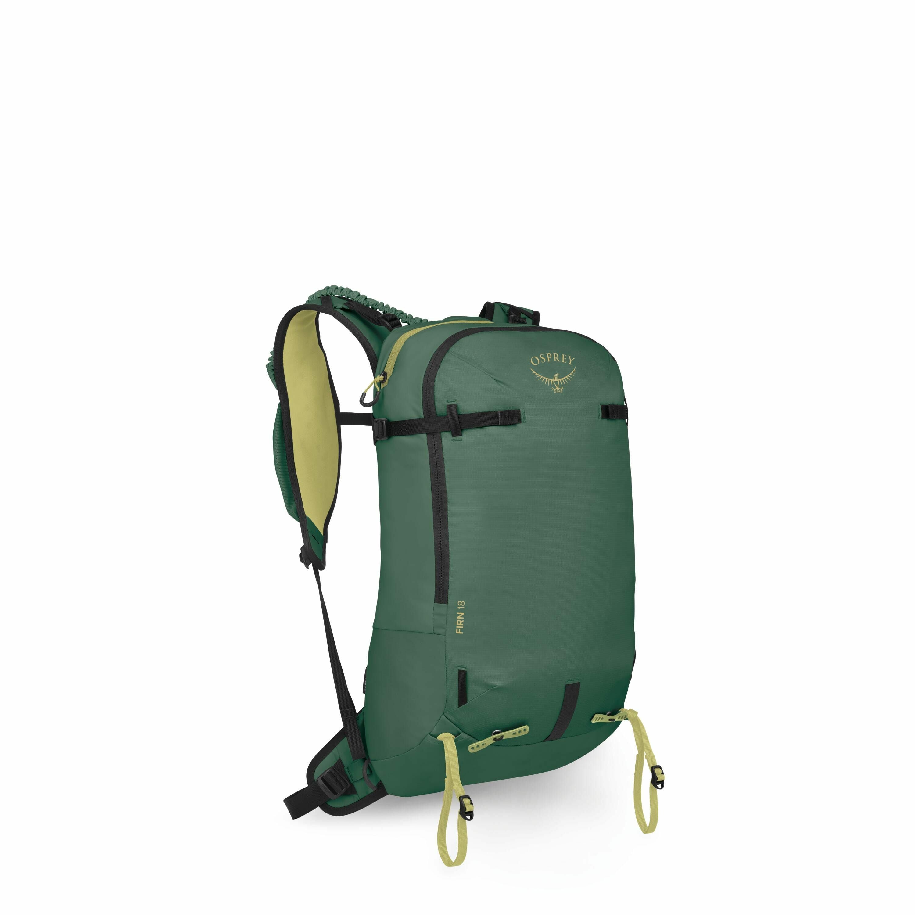 The image features an Osprey backpack, specifically designed for hiking and outdoor activities. It is primarily green with accents in a lighter shade of green or yellowish color, particularly on the straps and zipper pulls. The backpack has a streamlined