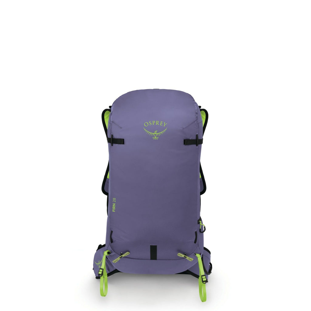 The images display a series of Osprey backpacks, primarily in a purple color with bright green accents. The design is sleek and streamlined, suitable for hiking or travel. The Osprey logo is prominently featured at the top of each backpack. The green acce