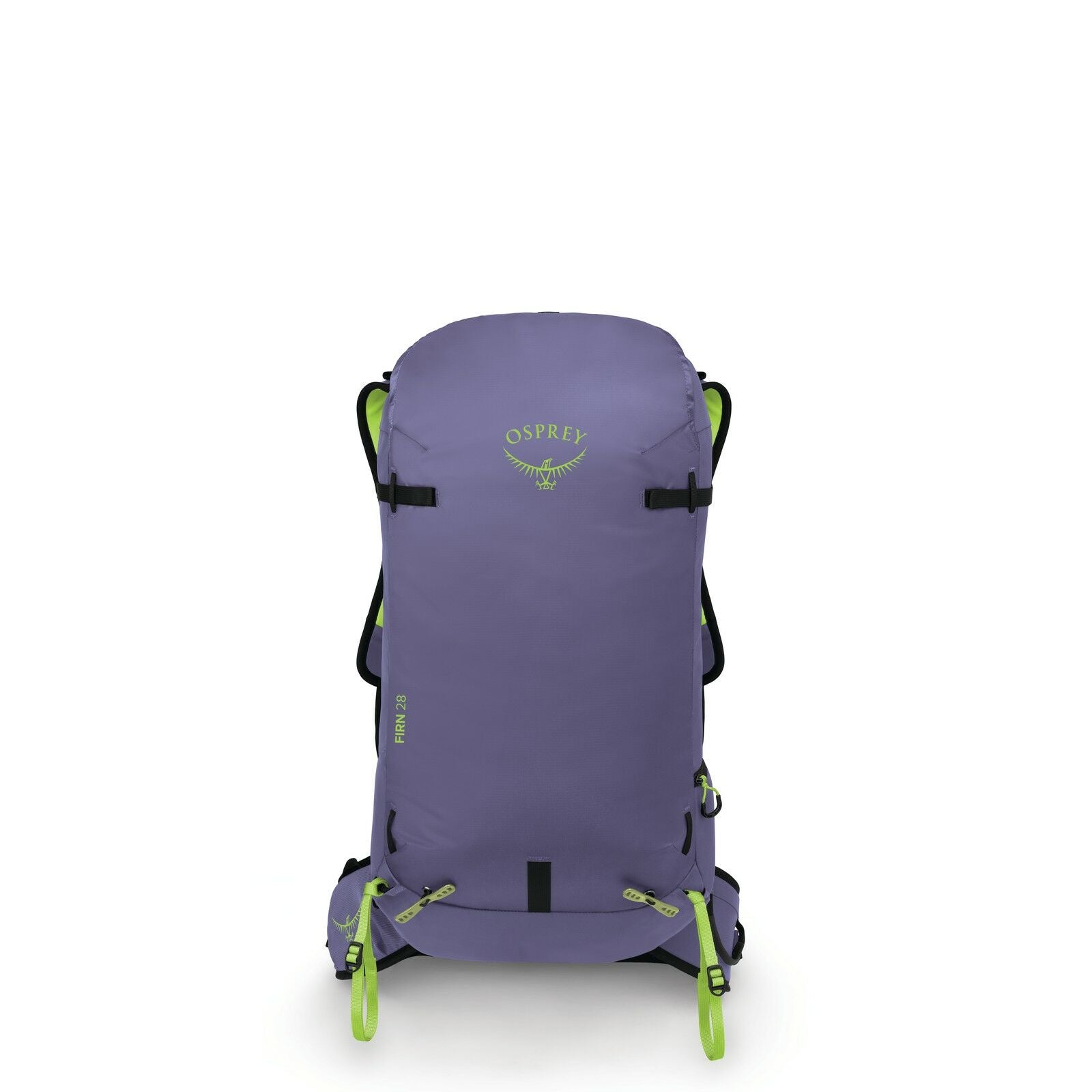 The images display a series of Osprey backpacks, primarily in a purple color with bright green accents. The design is sleek and streamlined, suitable for hiking or travel. The Osprey logo is prominently featured at the top of each backpack. The green acce