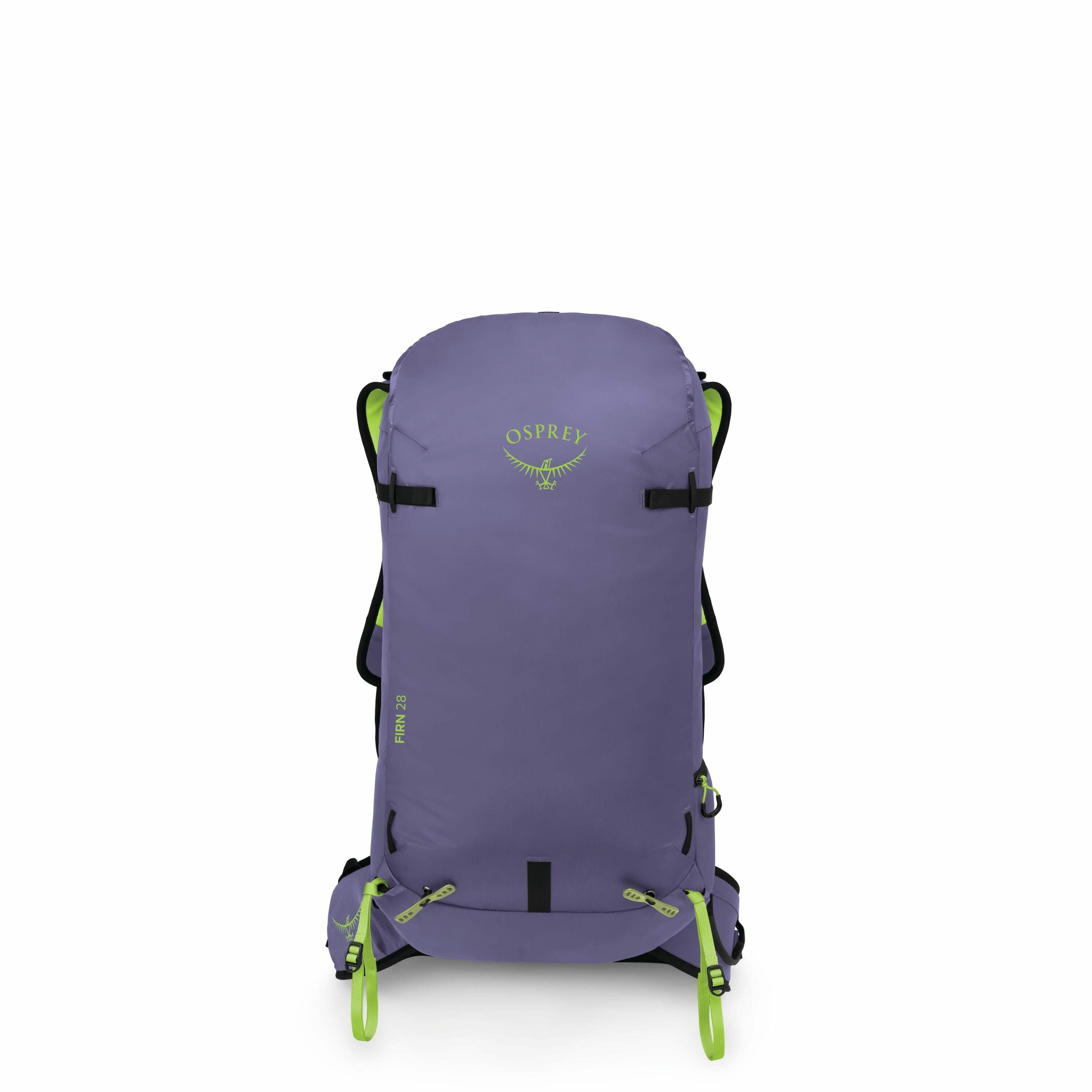 The images display a series of Osprey backpacks, primarily in a purple color with bright green accents. The design is sleek and streamlined, suitable for hiking or travel. The Osprey logo is prominently featured at the top of each backpack. The green acce
