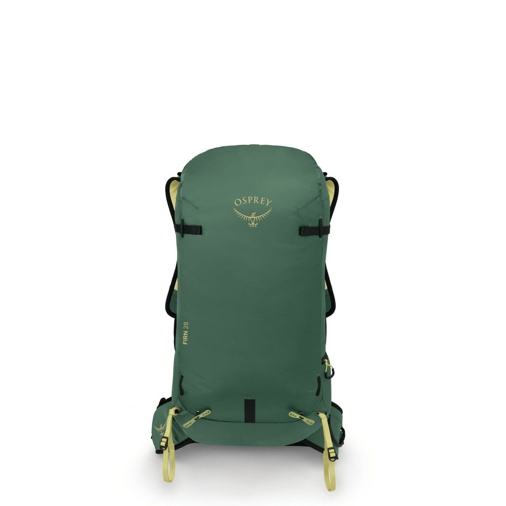 The image displays an Osprey backpack, designed for outdoor activities and adventures. The backpack is a deep green color with yellow accents, including the Osprey logo and zipper pulls. It appears to have a streamlined design with adjustable shoulder str